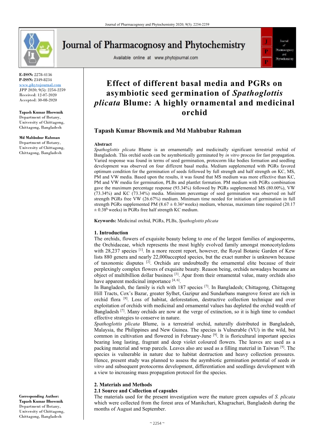 Effect of Different Basal Media and Pgrs on Asymbiotic Seed