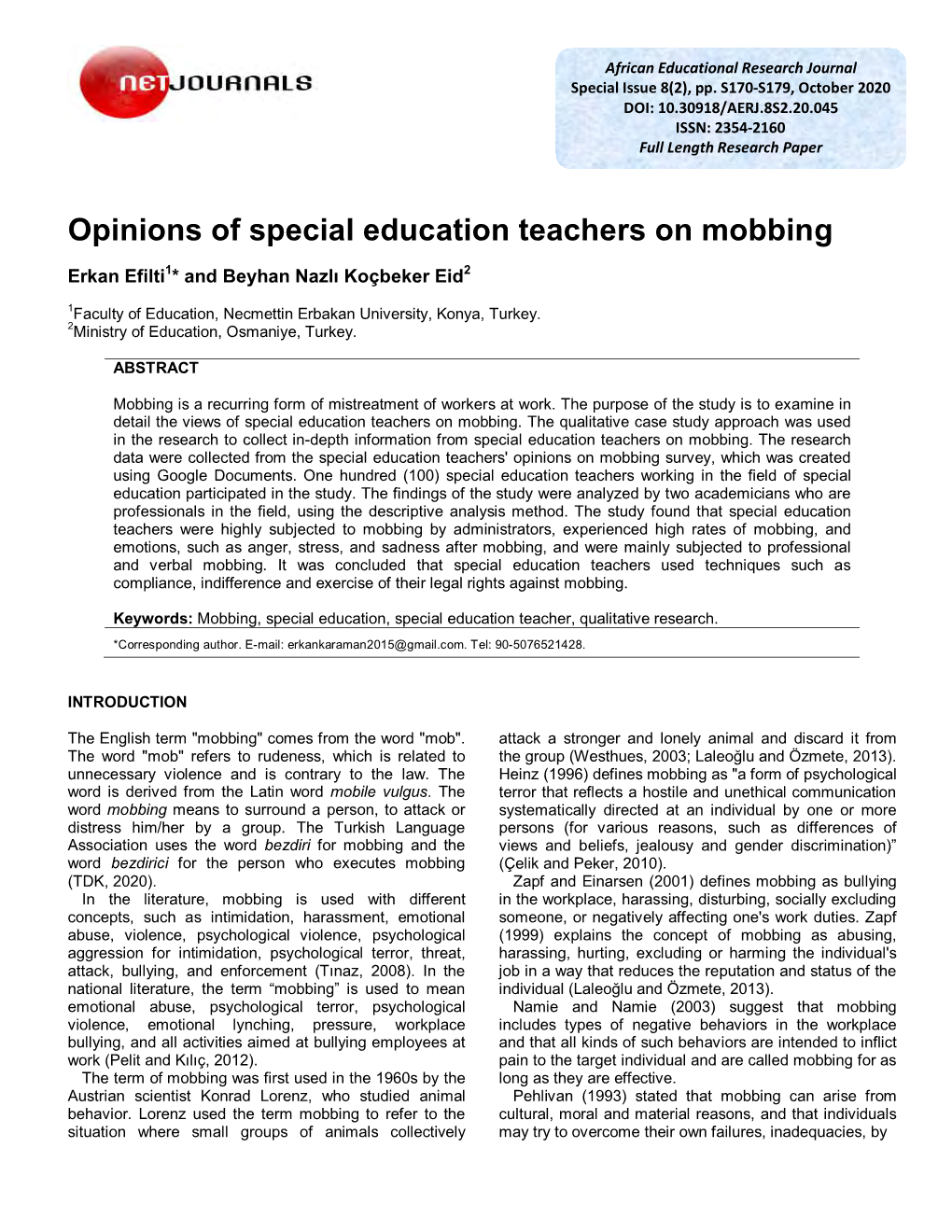 Opinions of Special Education Teachers on Mobbing