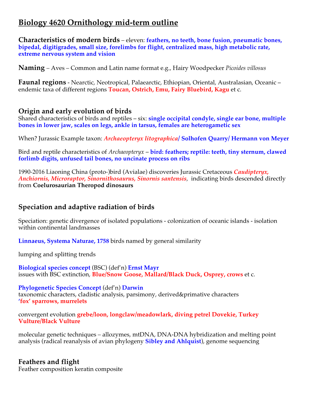 Biology 4620 Ornithology Mid-Term Outline