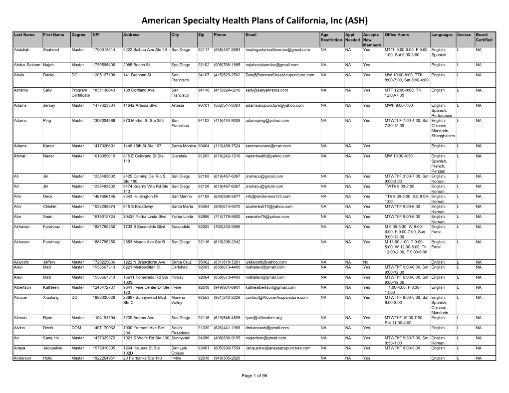 American Specialty Health Plans of California, Inc (ASH)