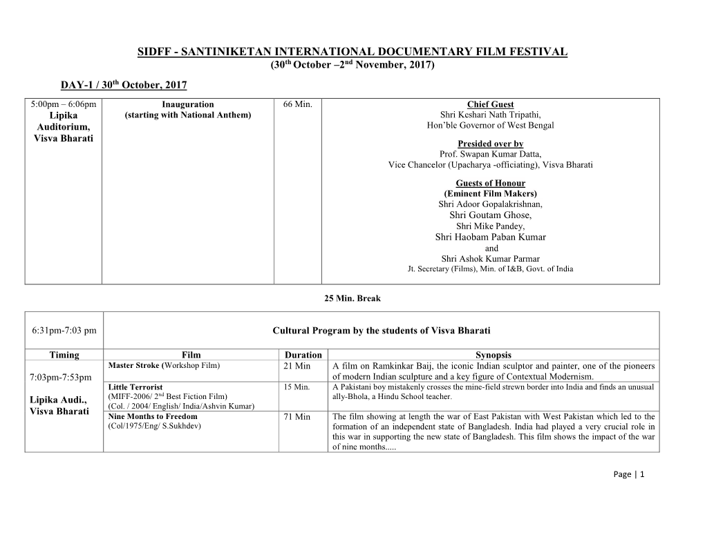 SANTINIKETAN INTERNATIONAL DOCUMENTARY FILM FESTIVAL (30Th October –2Nd November, 2017)