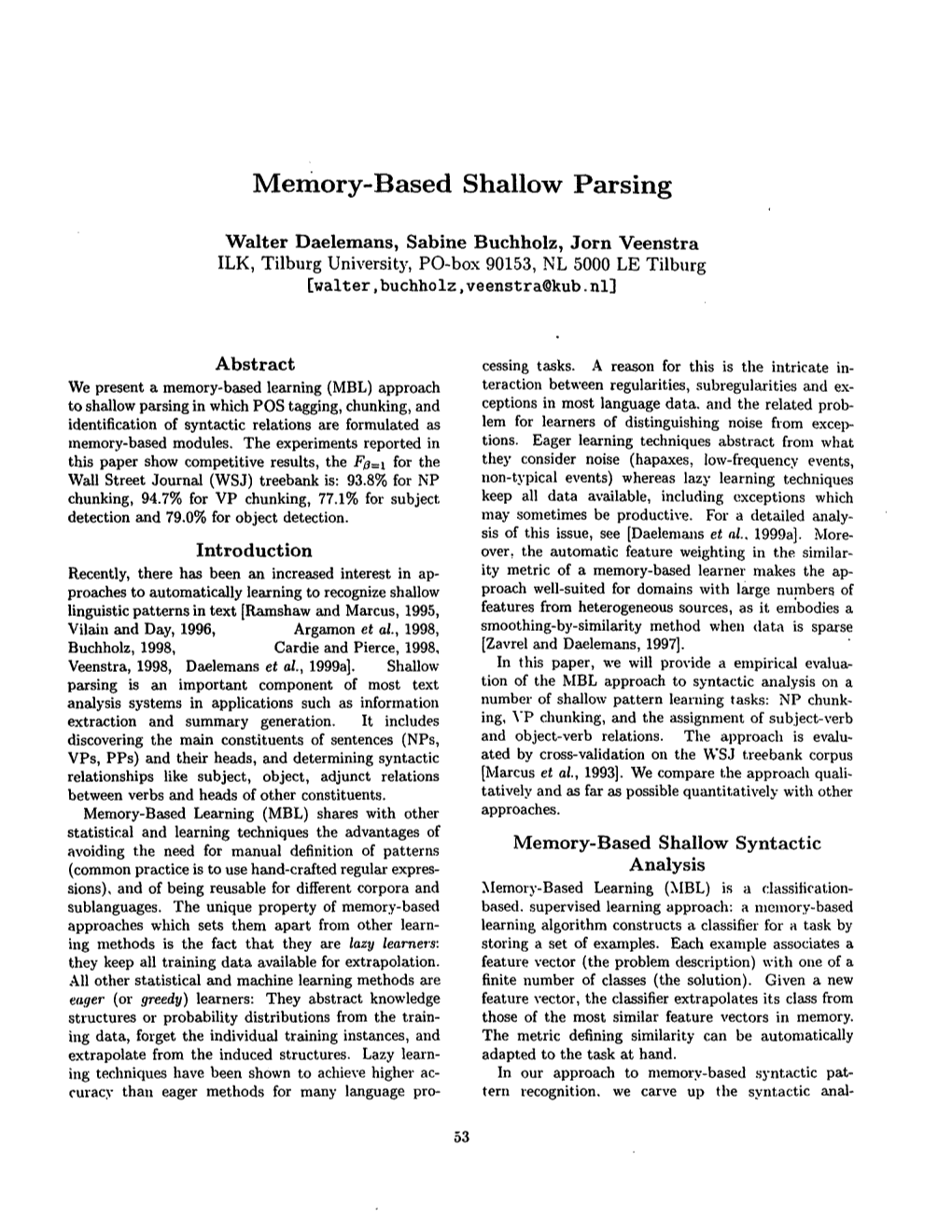 Memory-Based Shallow Parsing