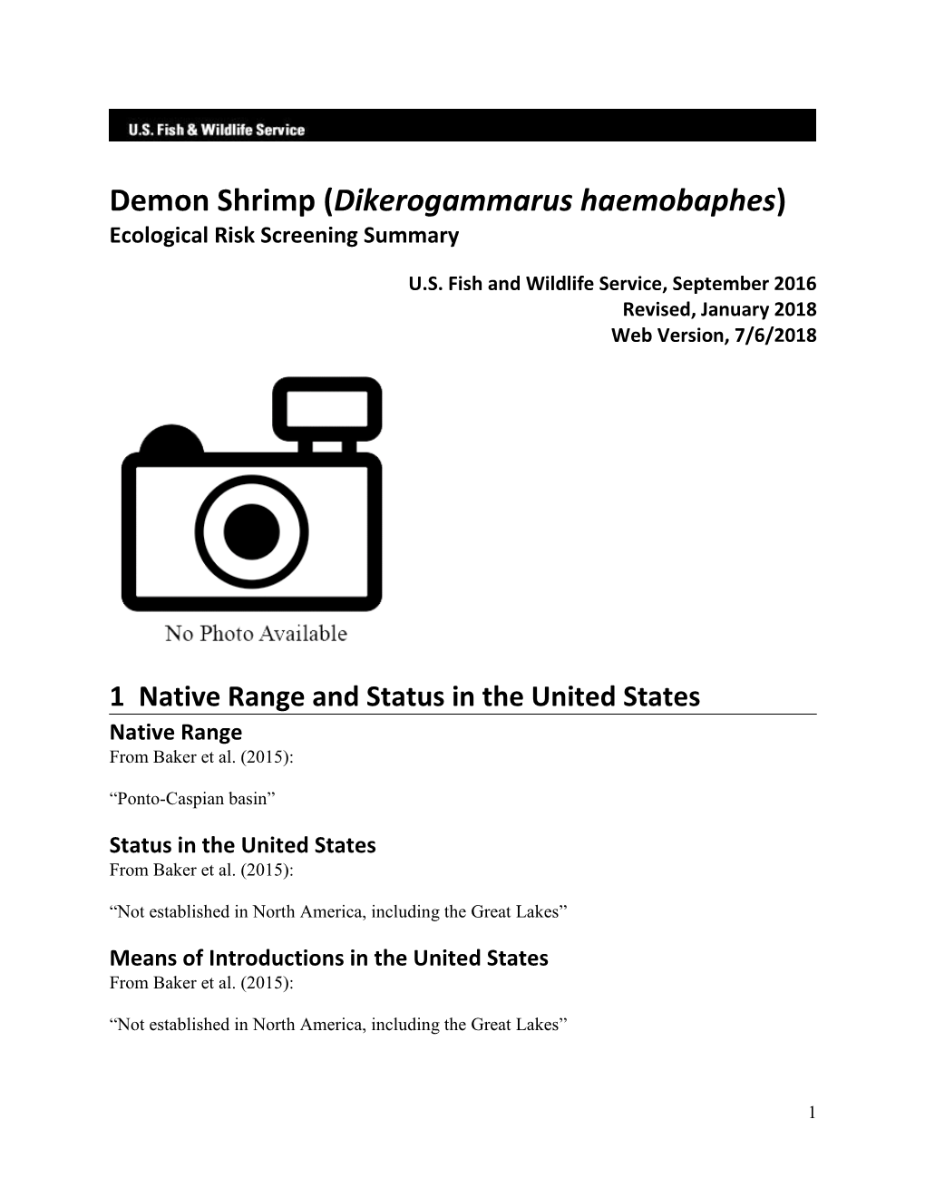 Dikerogammarus Haemobaphes) Ecological Risk Screening Summary