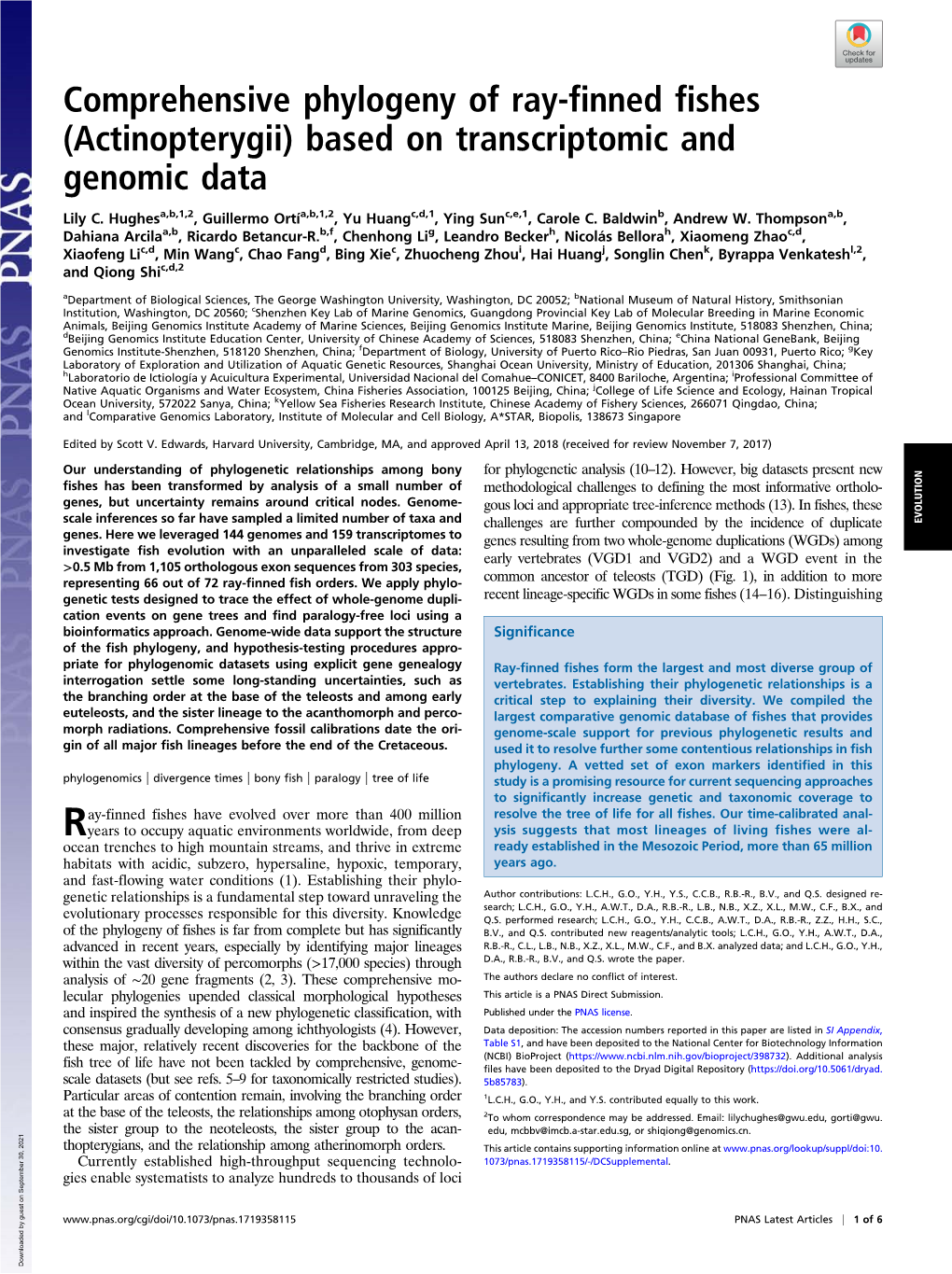 Comprehensive Phylogeny of Ray-Finned Fishes (Actinopterygii) Based on Transcriptomic and Genomic Data