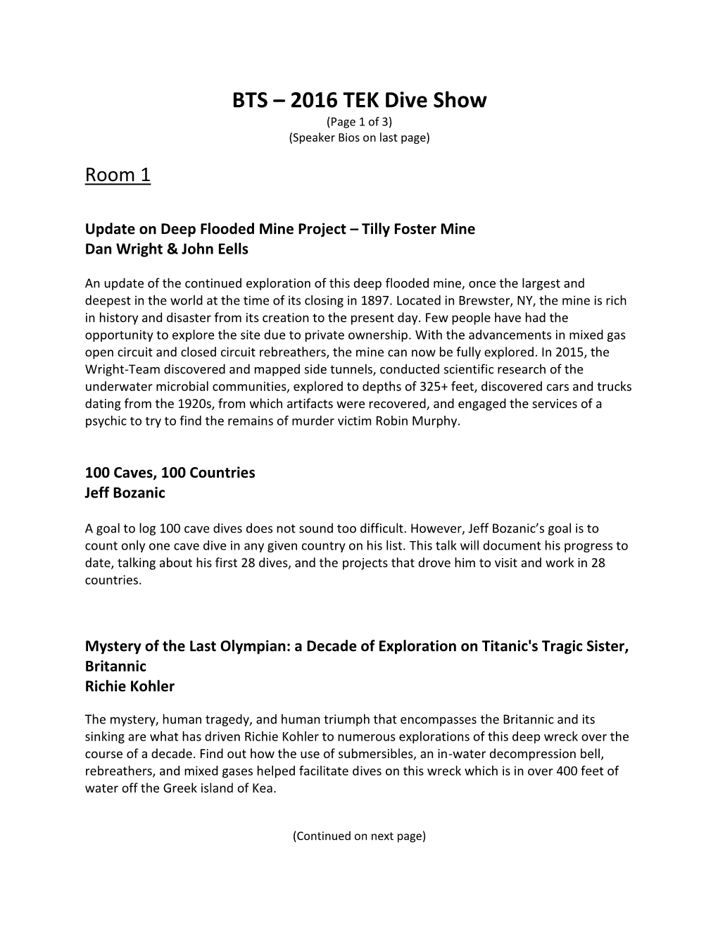 2016 TEK Dive Show (Page 1 of 3) (Speaker Bios on Last Page)