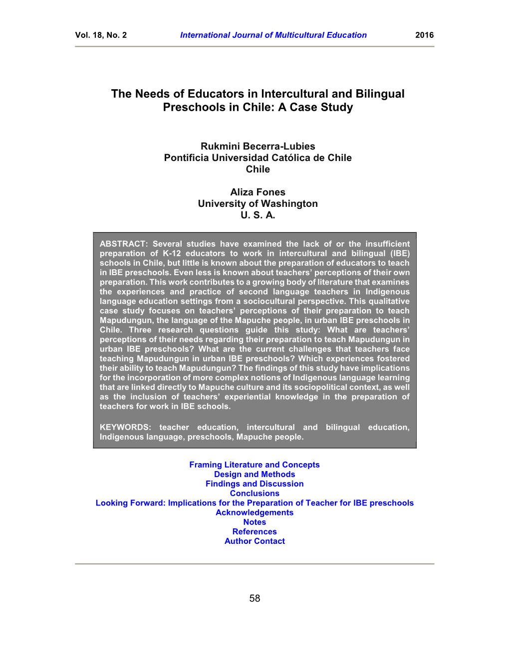 The Needs of Educators in Intercultural and Bilingual Preschools in Chile: a Case Study