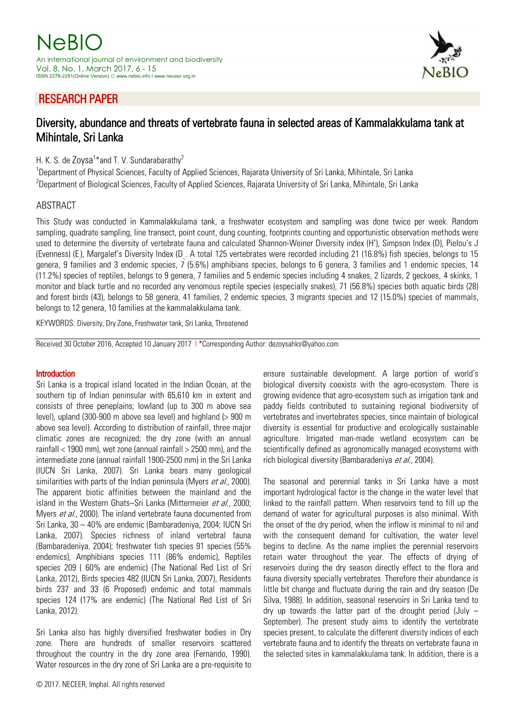 RESEARCH PAPER Diversity, Abundance and Threats Of