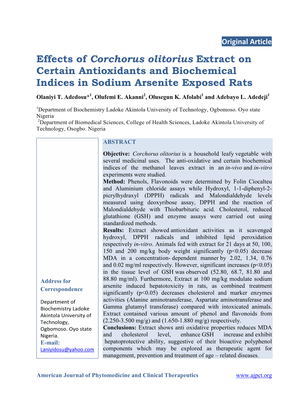 Effects of Corchorus Olitorius Extract on Certain Antioxidants and Biochemical Indices in Sodium Arsenite Exposed Rats Olaniyi T