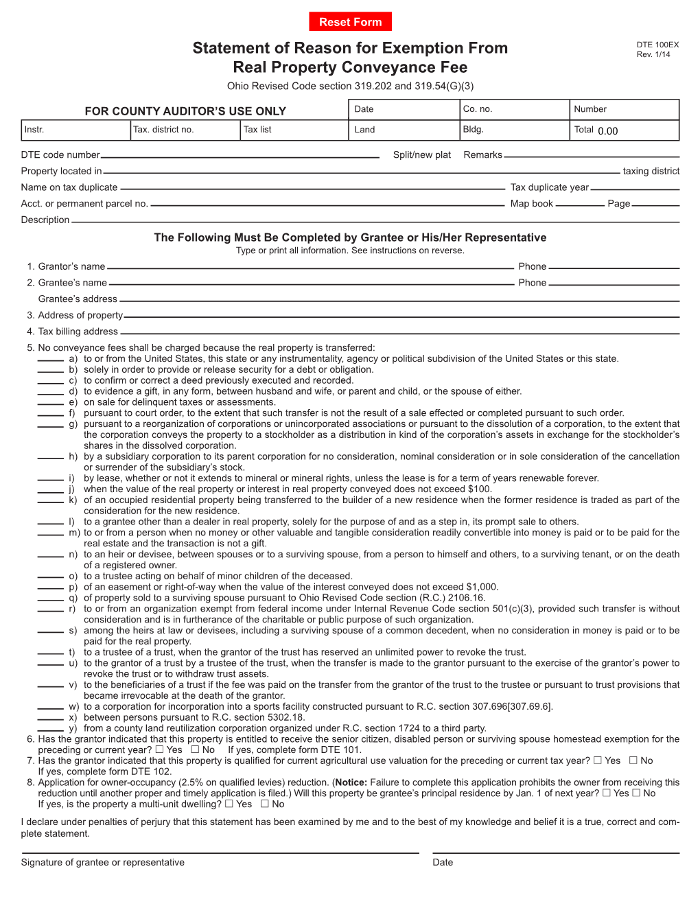 Statement of Reason for Exemption from Real Property Conveyance Fee, DTE 100EX Complete Lines 1 Through 8