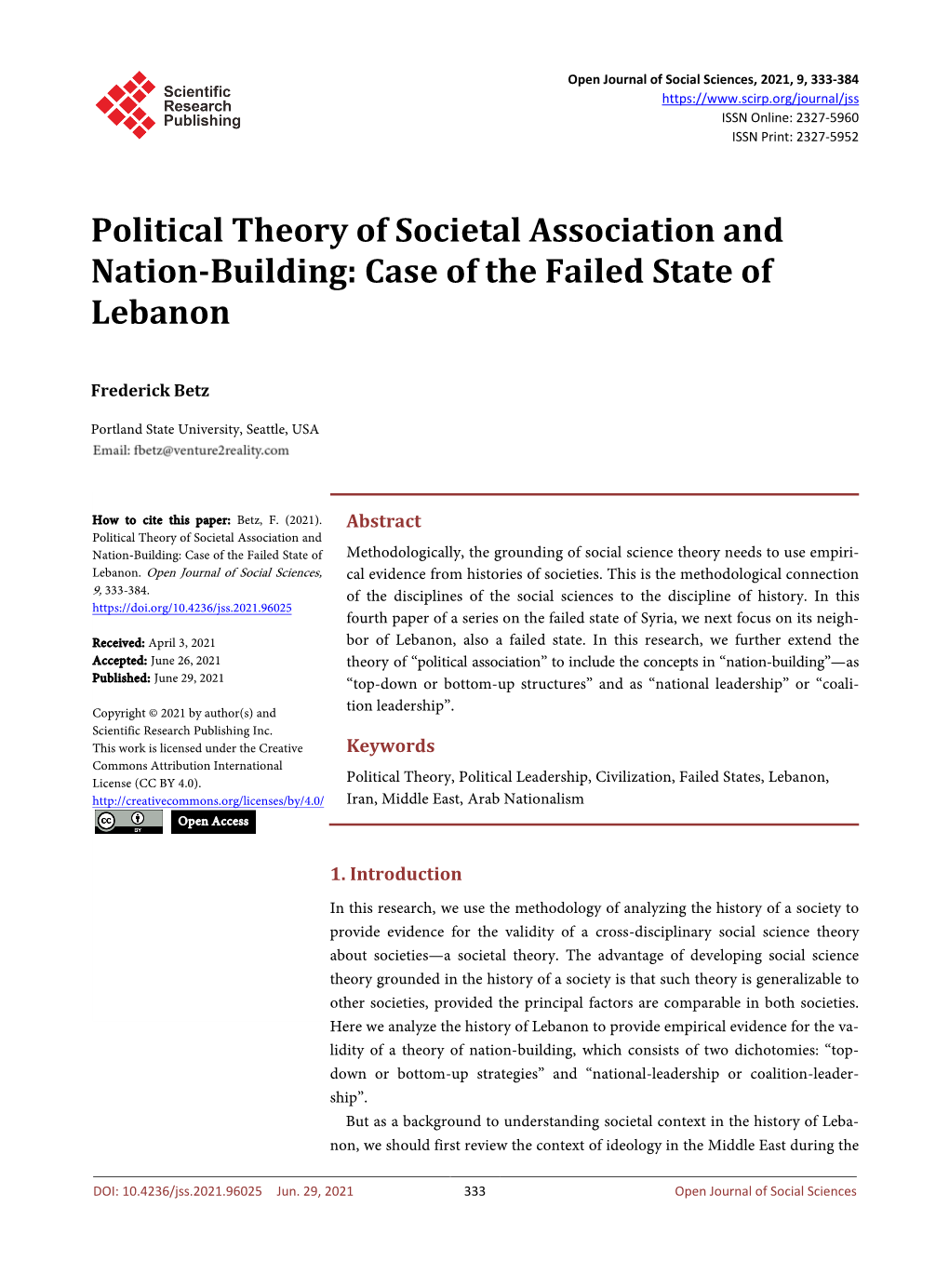 Political Theory of Societal Association and Nation-Building: Case of the Failed State of Lebanon