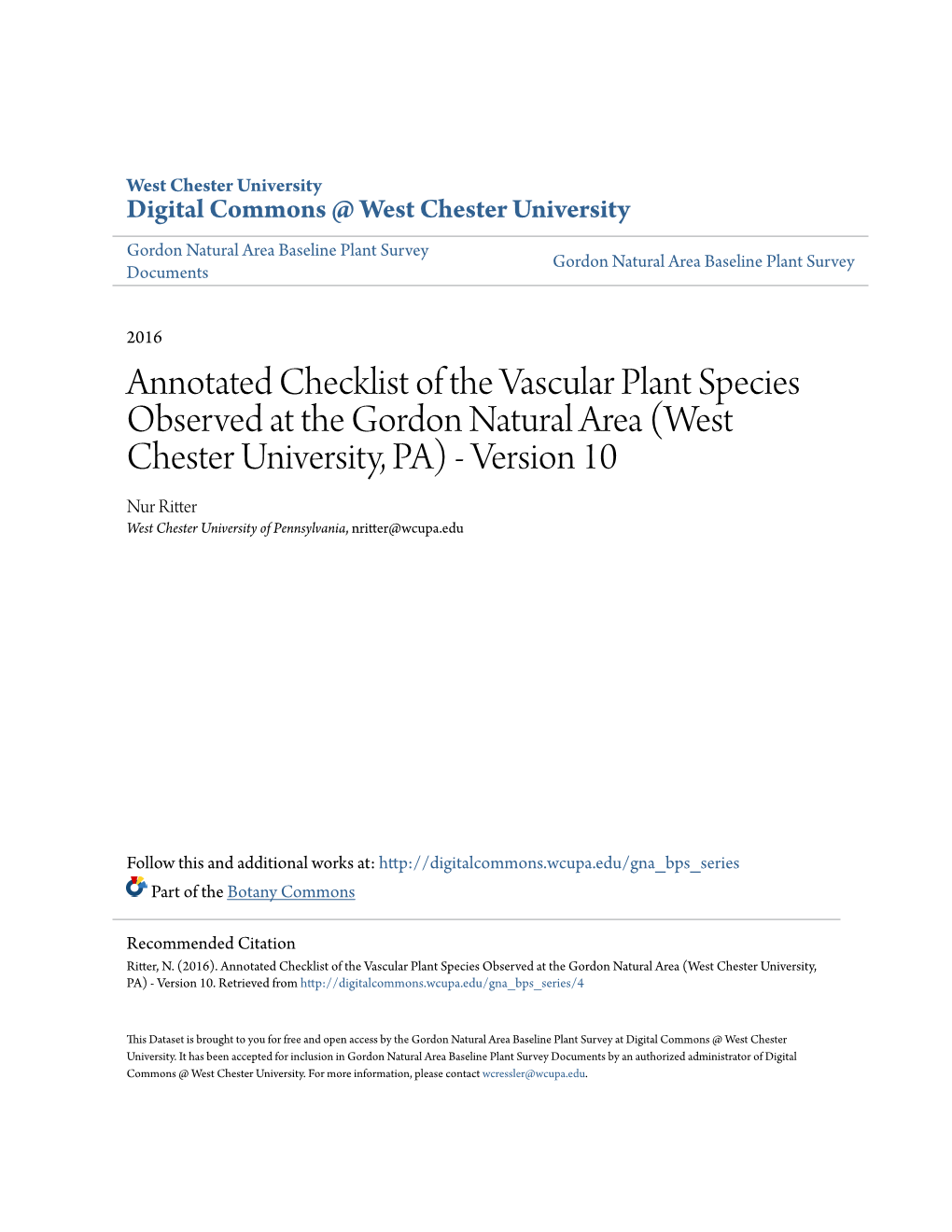 Annotated Checklist of the Vascular Plant Species Observed at The