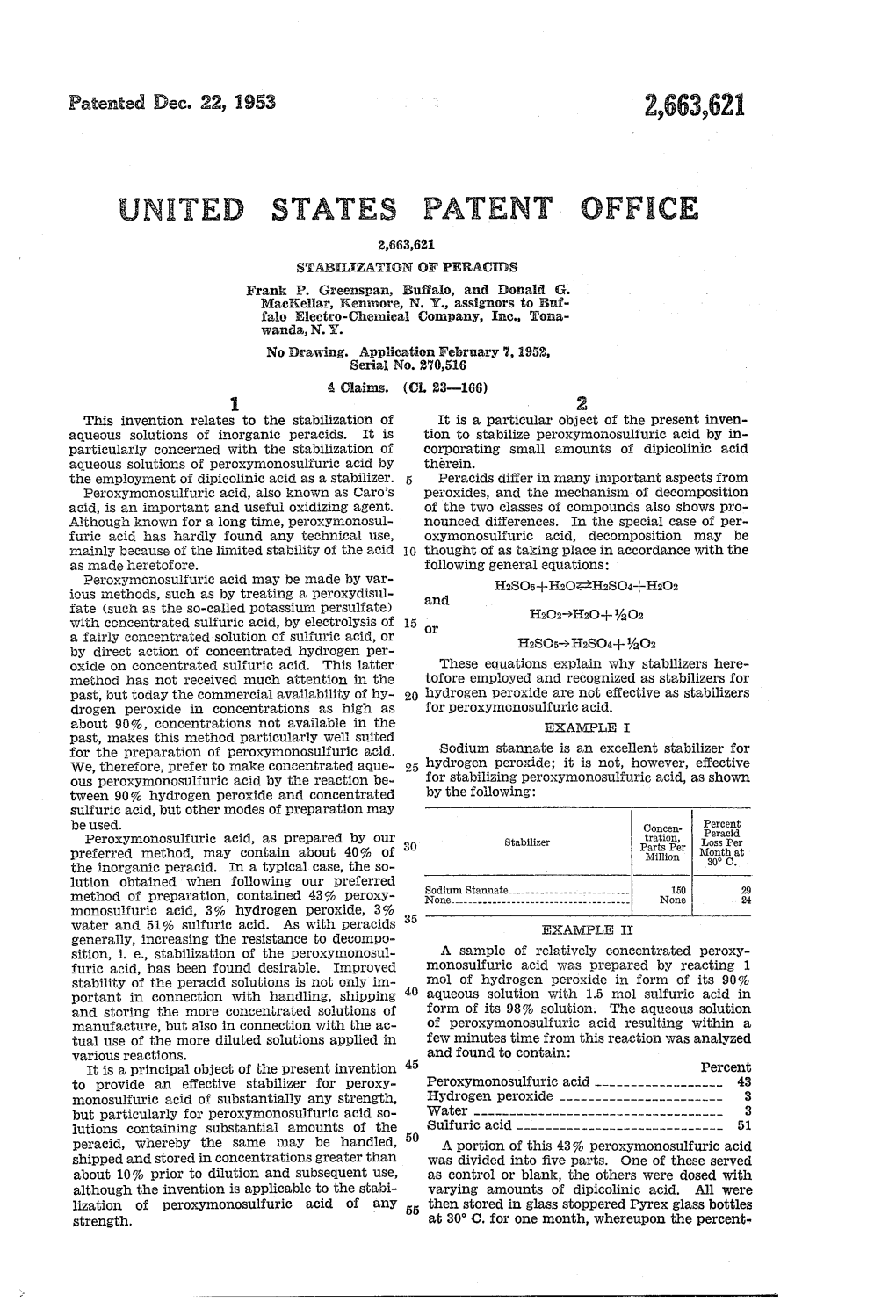 UNITED STATES PATENT OFFICE 2,663,621 STA3EEZAON of PERACDS Frank P