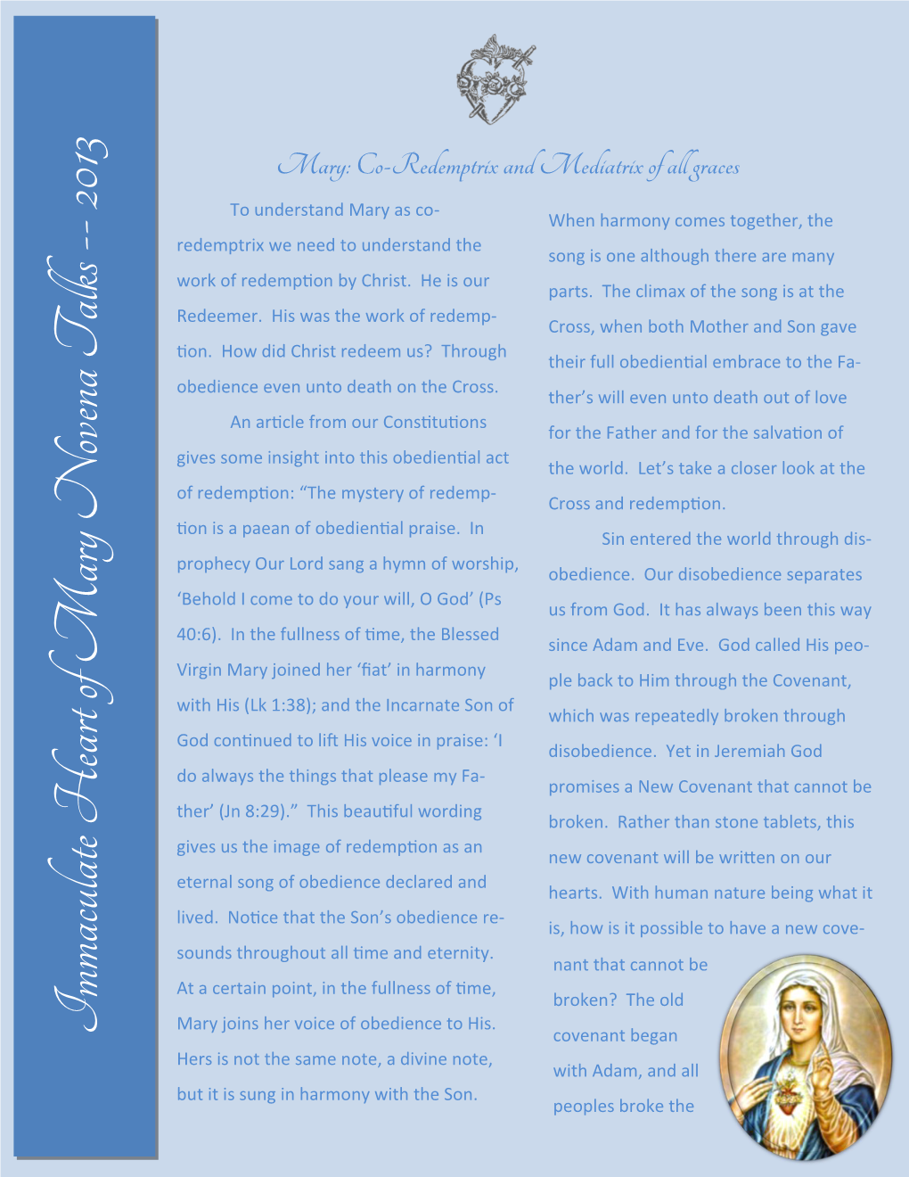 Immaculate Heart of Mary Novena Talks -- 2013 Work of Redemption by Christ