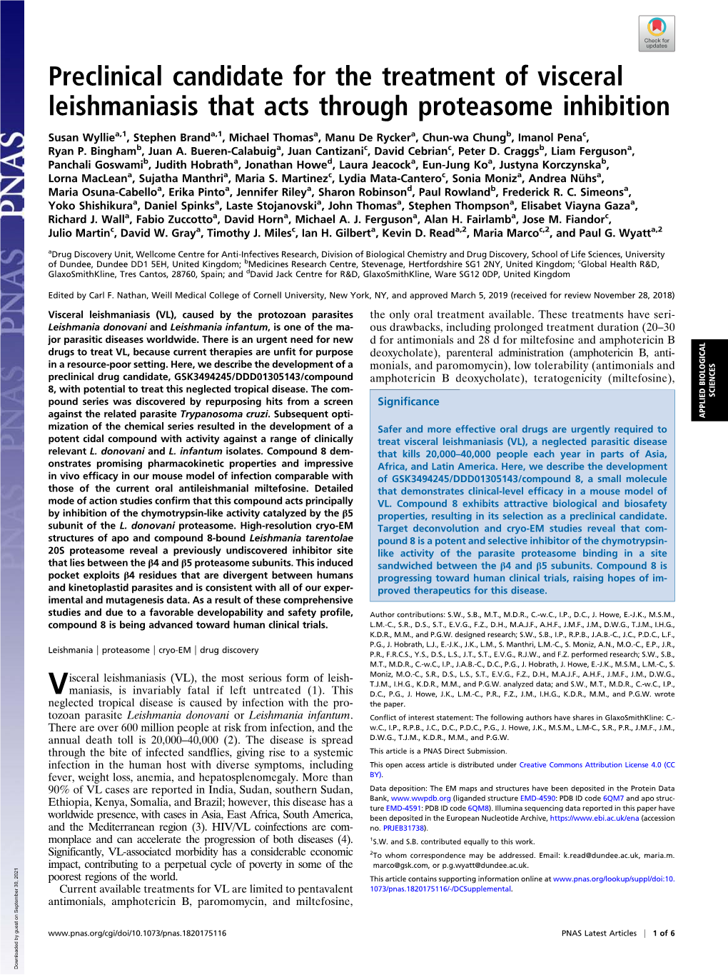 Preclinical Candidate for the Treatment of Visceral Leishmaniasis That Acts Through Proteasome Inhibition