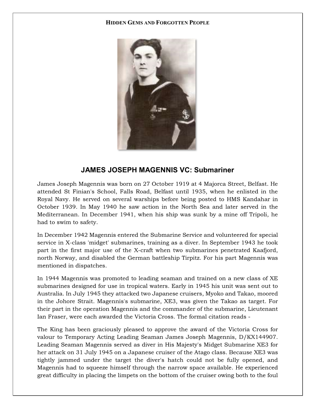 JAMES JOSEPH MAGENNIS VC: Submariner