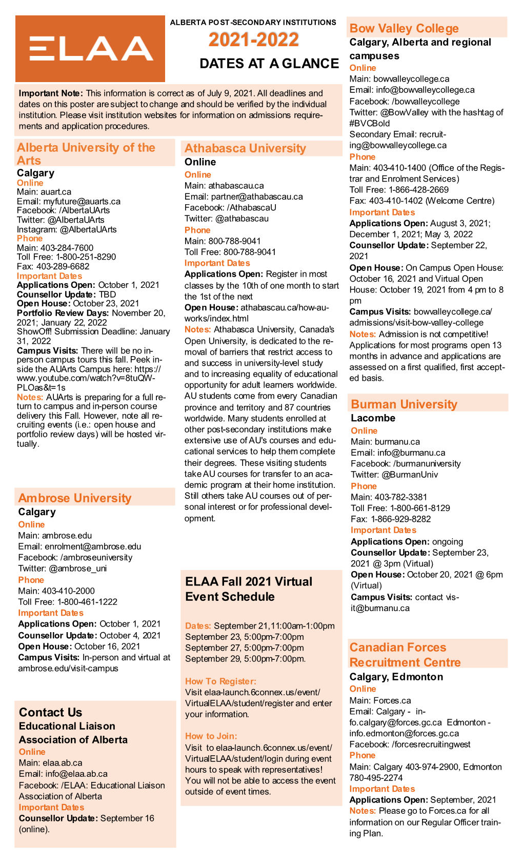 2021-2022 Calgary, Alberta and Regional Campuses DATES at a GLANCE Online Main: Bowvalleycollege.Ca Important Note: This Information Is Correct As of July 9, 2021