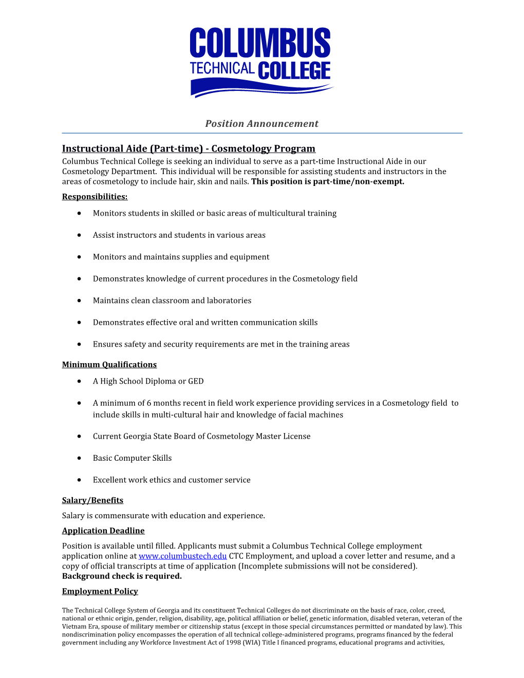 Instructional Aide (Part-Time) - Cosmetology Program