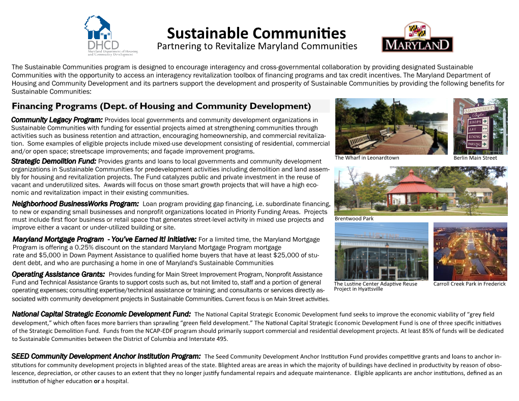 Sustainable Communities Partnering to Revitalize Maryland Communities