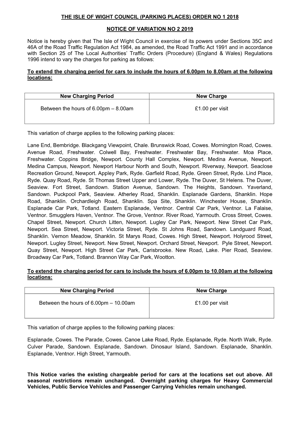 Variation No 2 2019 Parking Order FINAL