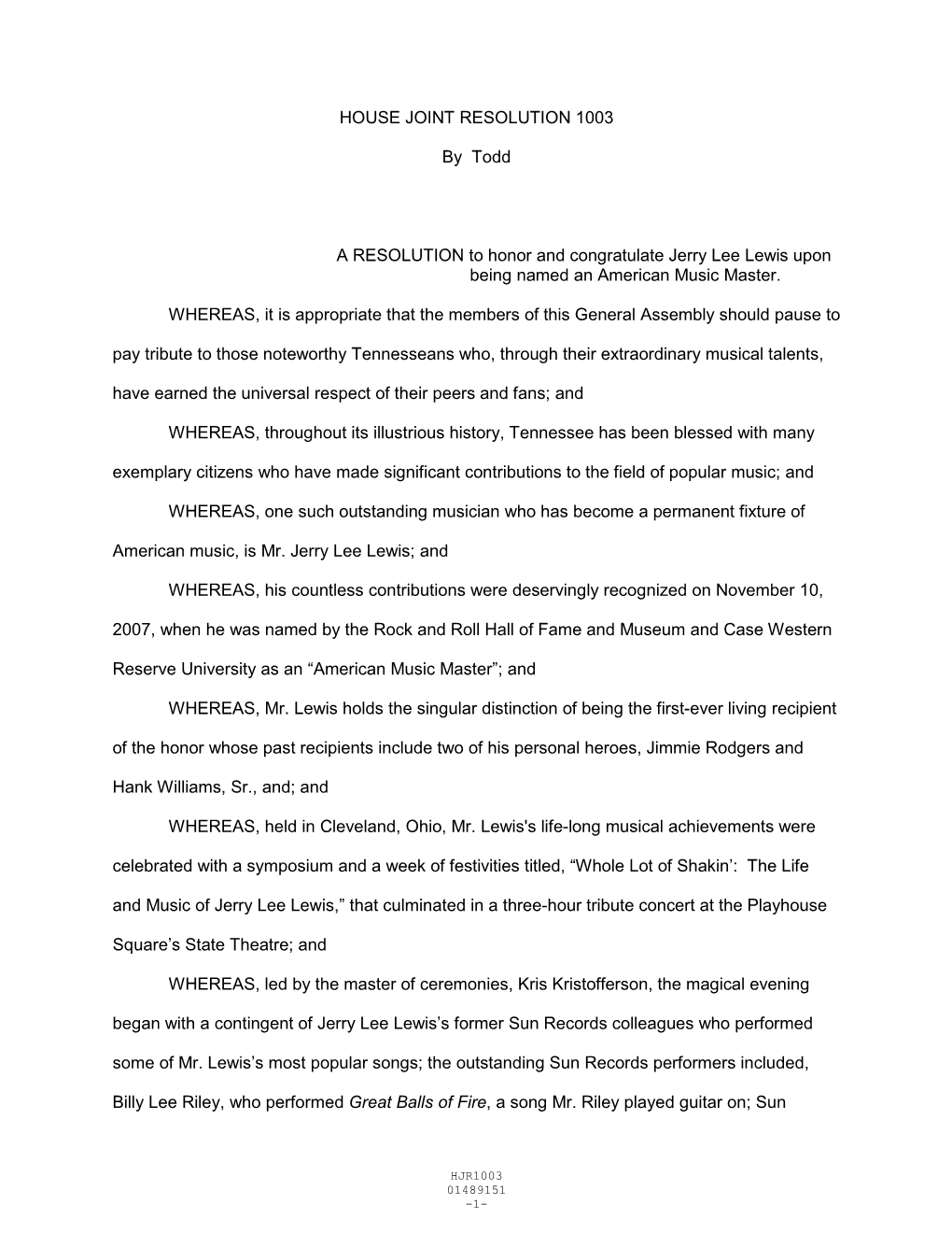 HOUSE JOINT RESOLUTION 1003 by Todd a RESOLUTION To