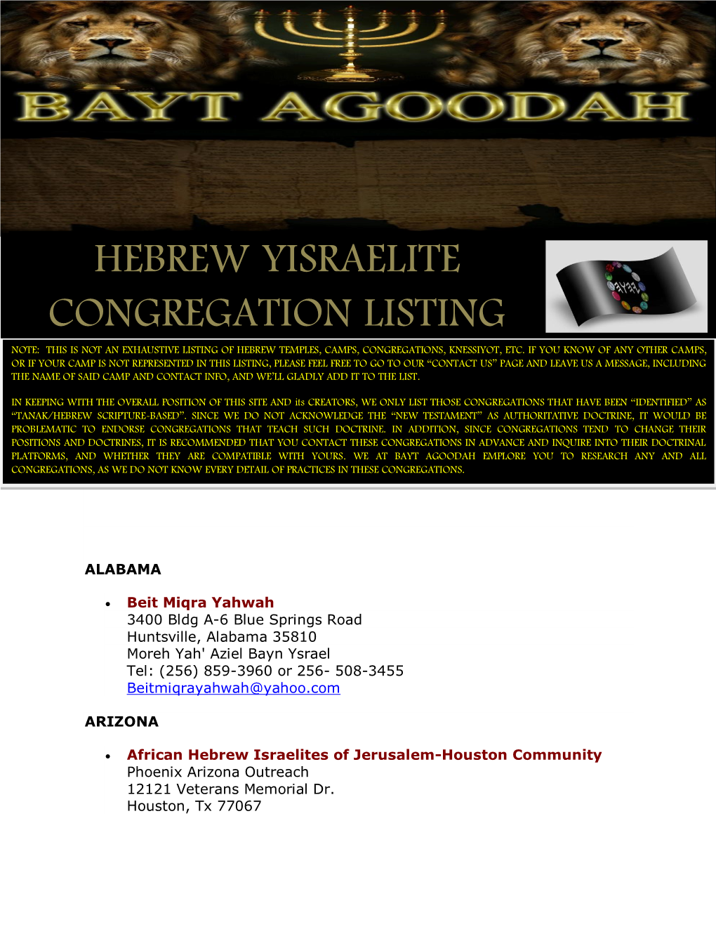 Hebrew Yisraelite Congregation Listing