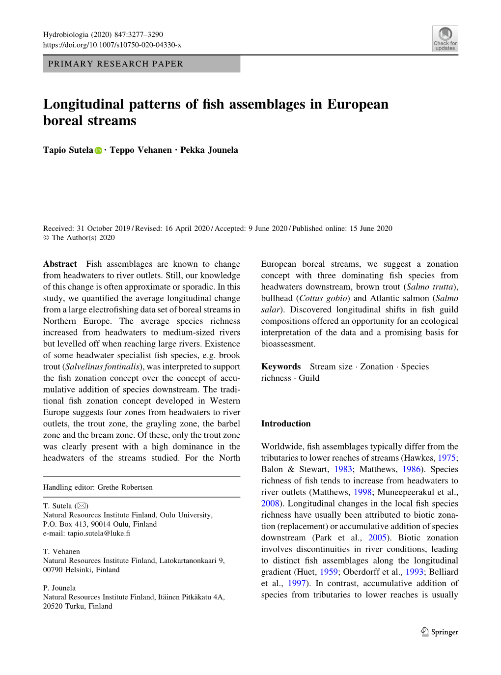 Longitudinal Patterns of Fish Assemblages in European Boreal