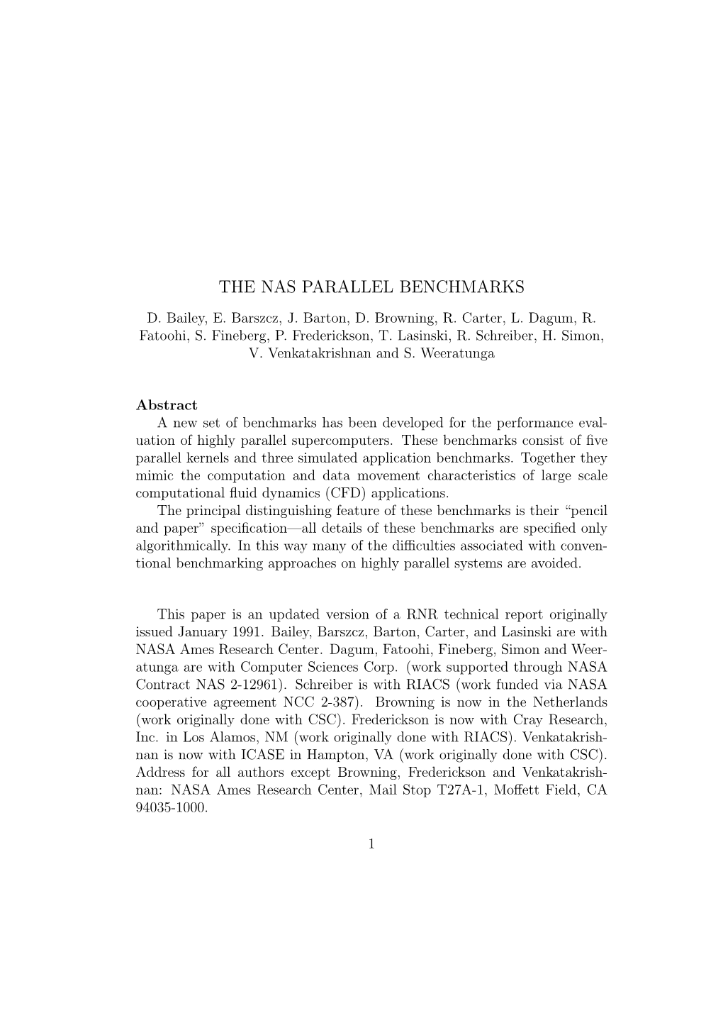 The Nas Parallel Benchmarks