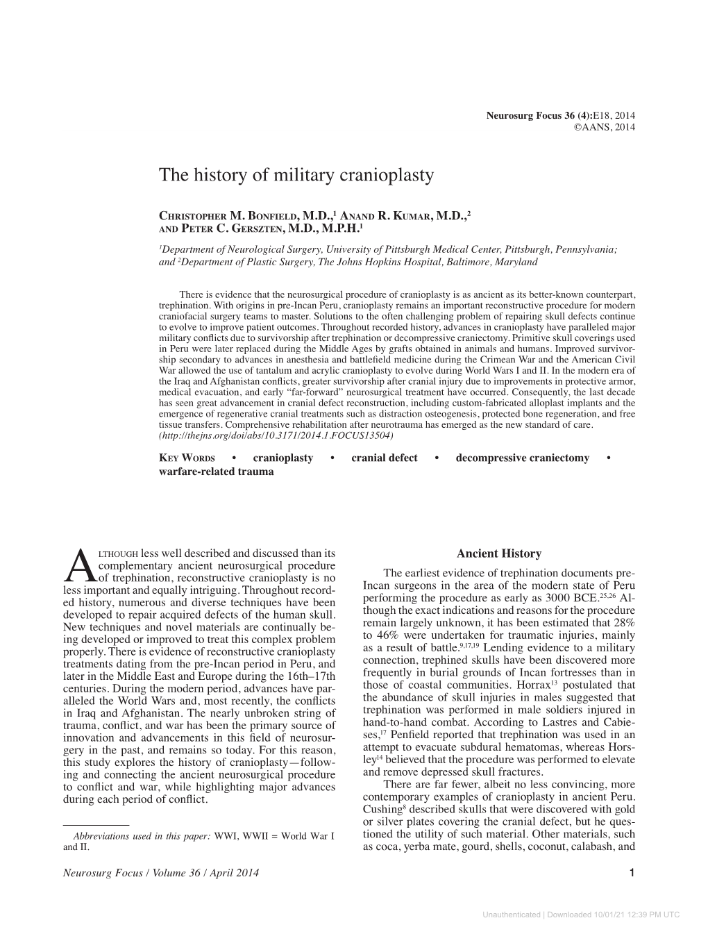 The History of Military Cranioplasty