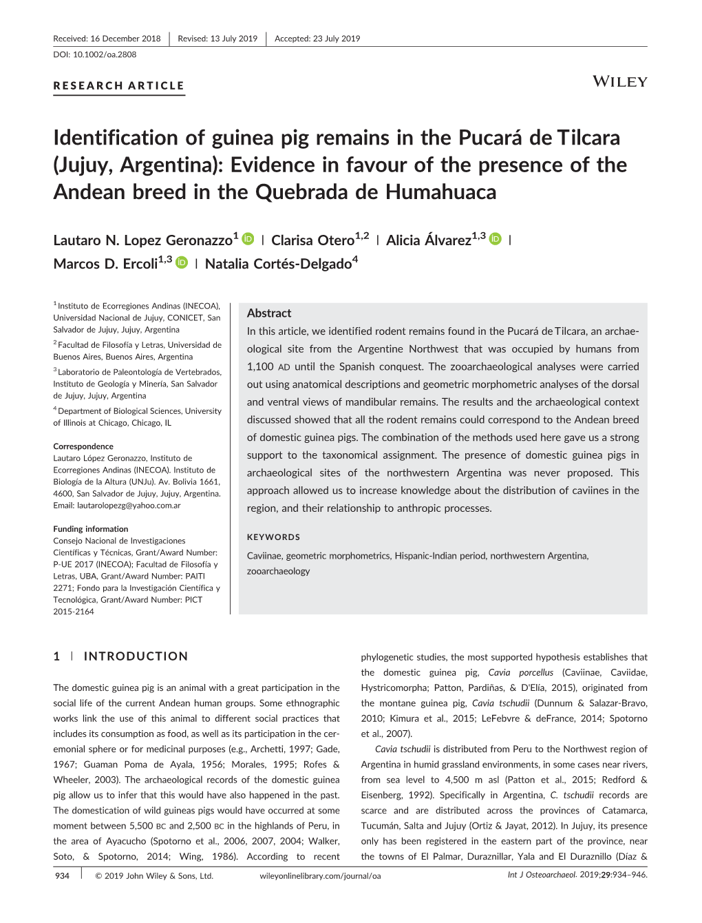 Identification of Guinea Pig Remains in the Pucará De Tilcara (Jujuy, Argentina): Evidence in Favour of the Presence of the Andean Breed in the Quebrada De Humahuaca