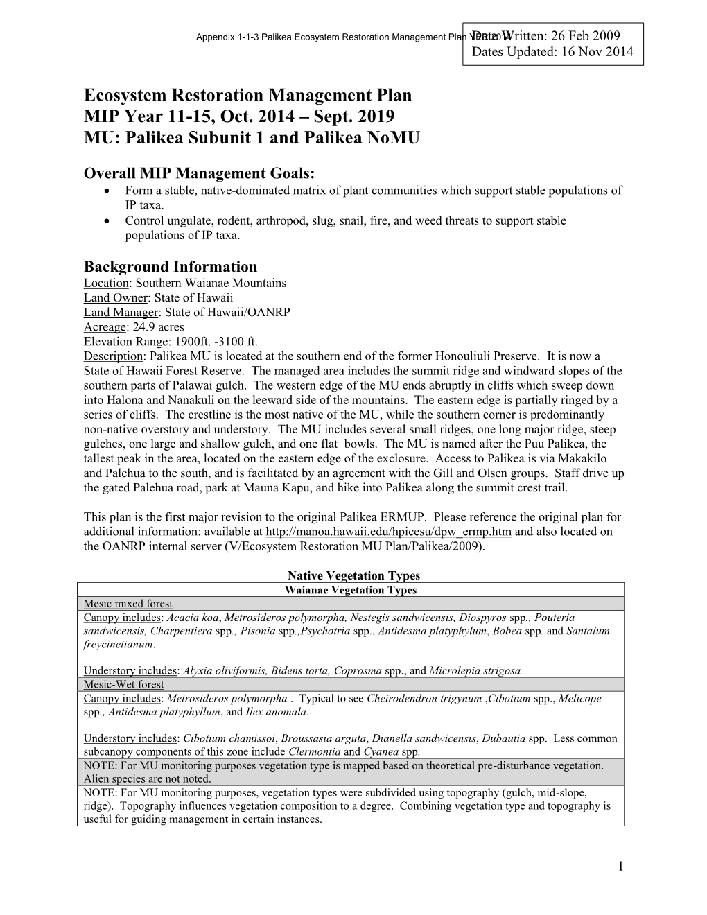 Appendix 1-1-3 Palikea Ecosystem Restoration Management Plan Yerdate 2014 Written: 26 Feb 2009 Dates Updated: 16 Nov 2014