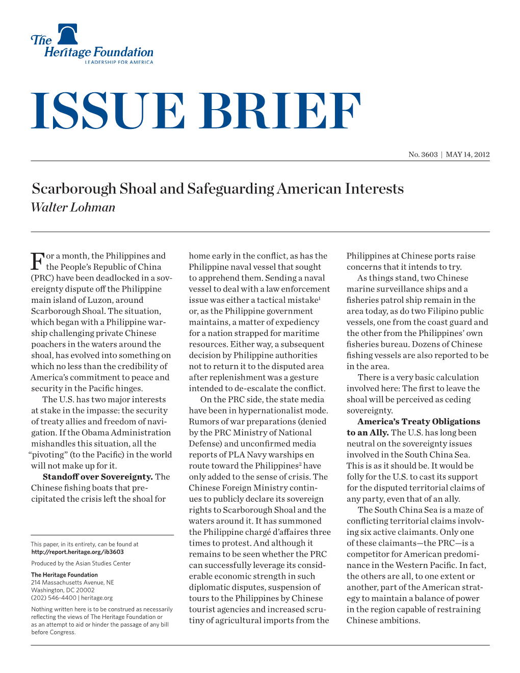 Scarborough Shoal and Safeguarding American Interests Walter Lohman