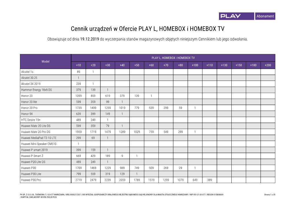 Cennik Urządzeń W Ofercie PLAY L, HOMEBOX I HOMEBOX TV