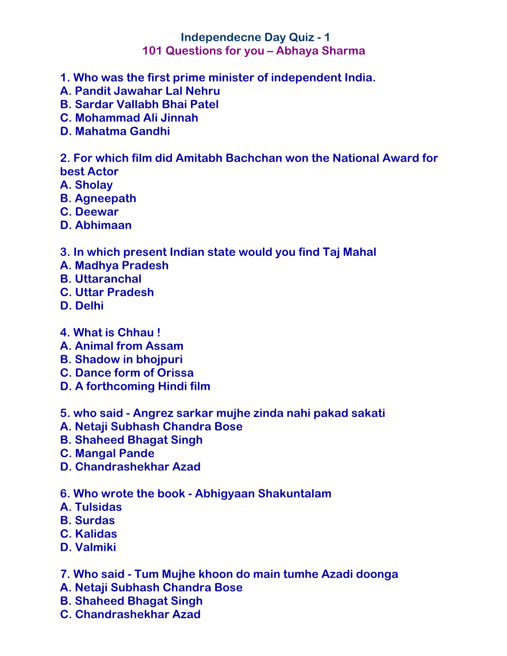 Independecne Day Quiz - 1 101 Questions for You – Abhaya Sharma