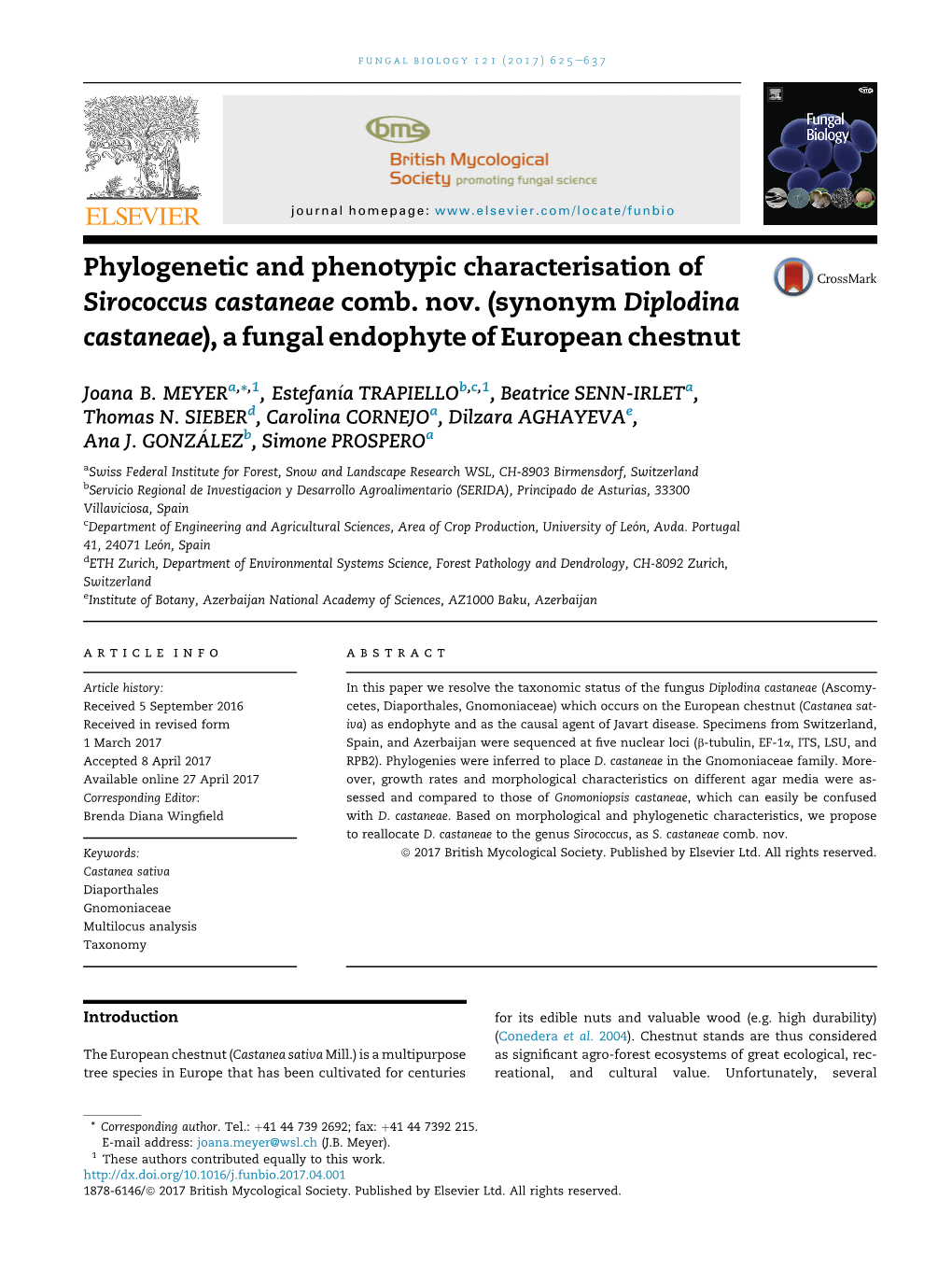 Synonym Diplodina Castaneae), a Fungal Endophyte of European Chestnut