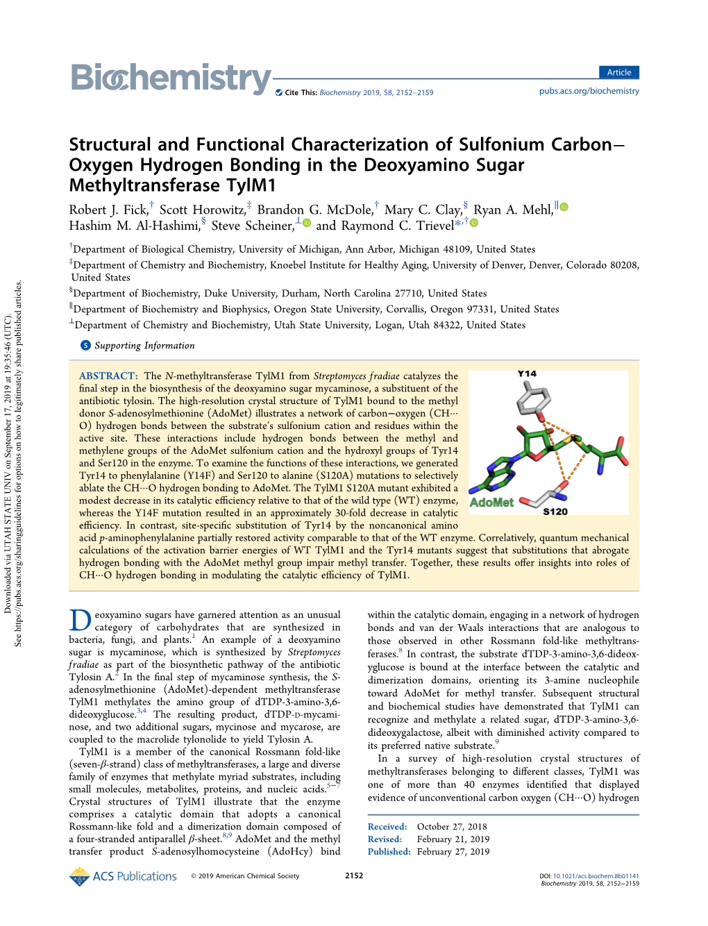 Structural and Functional Characterization of Sulfonium Carbon− Oxygen Hydrogen Bonding in the Deoxyamino Sugar Methyltransferase Tylm1 Robert J