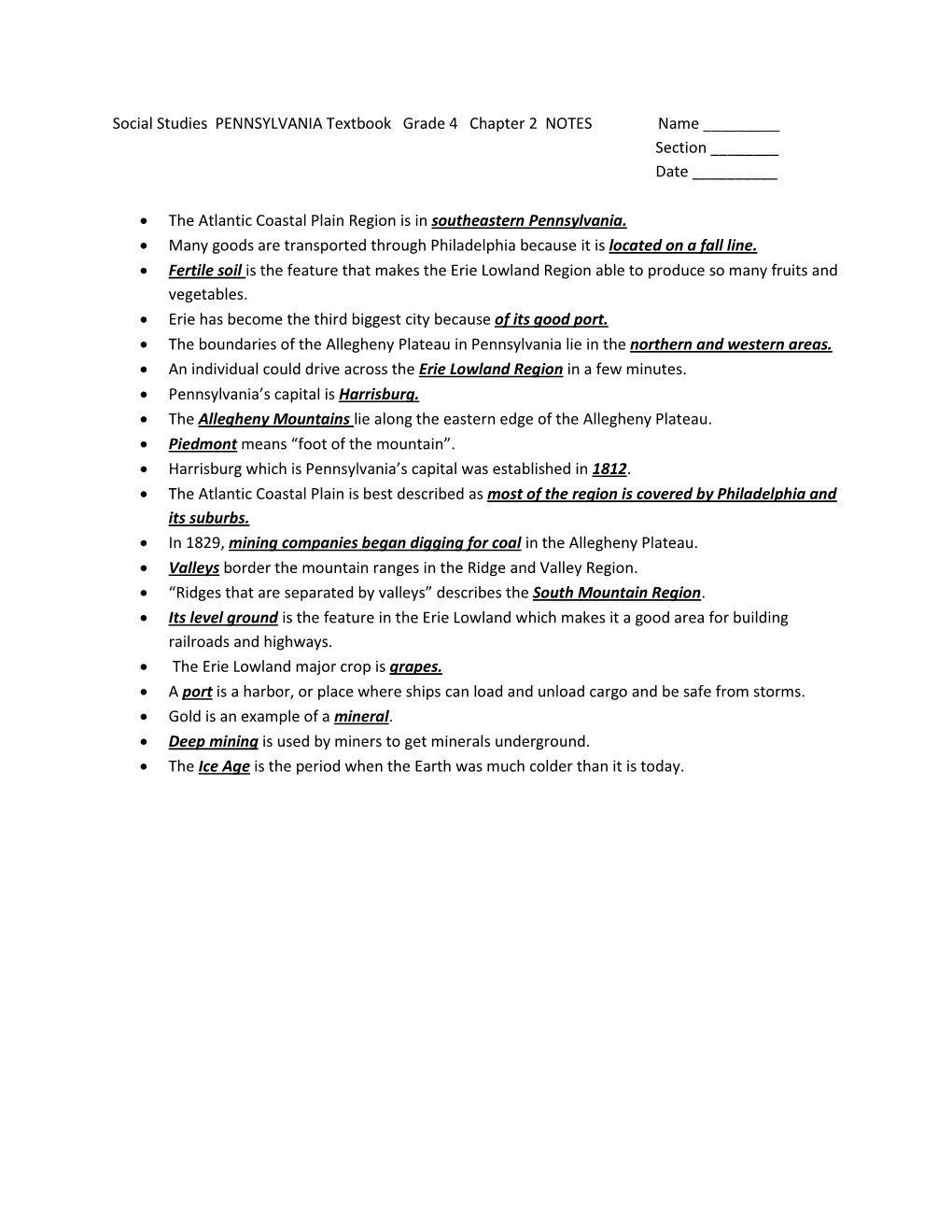 Social Studies PENNSYLVANIA Textbook Grade 4 Chapter 2 NOTES Name ______Section ______Date ______