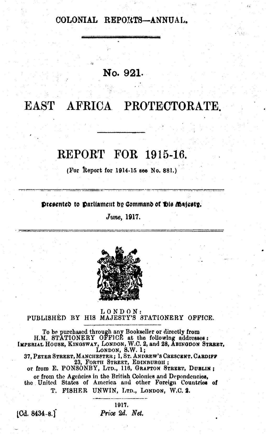 Annual Report of the Colonies, East Africa Protectorate, Kenya, 1915-16