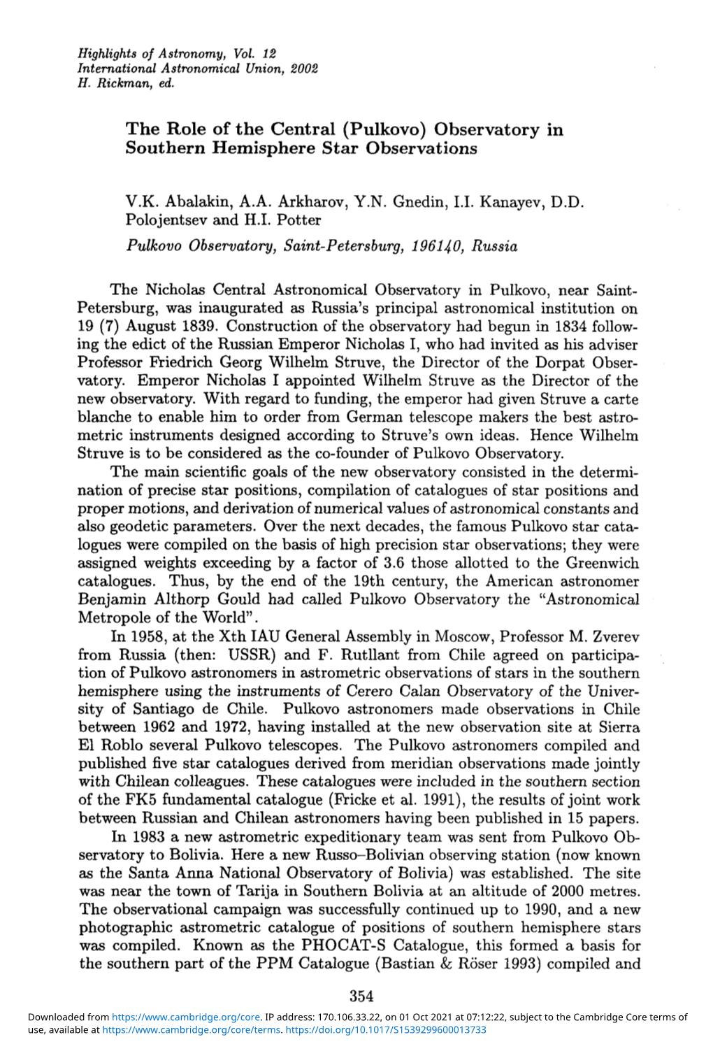 The Role of the Central (Pulkovo) Observatory in Southern Hemisphere Star Observations