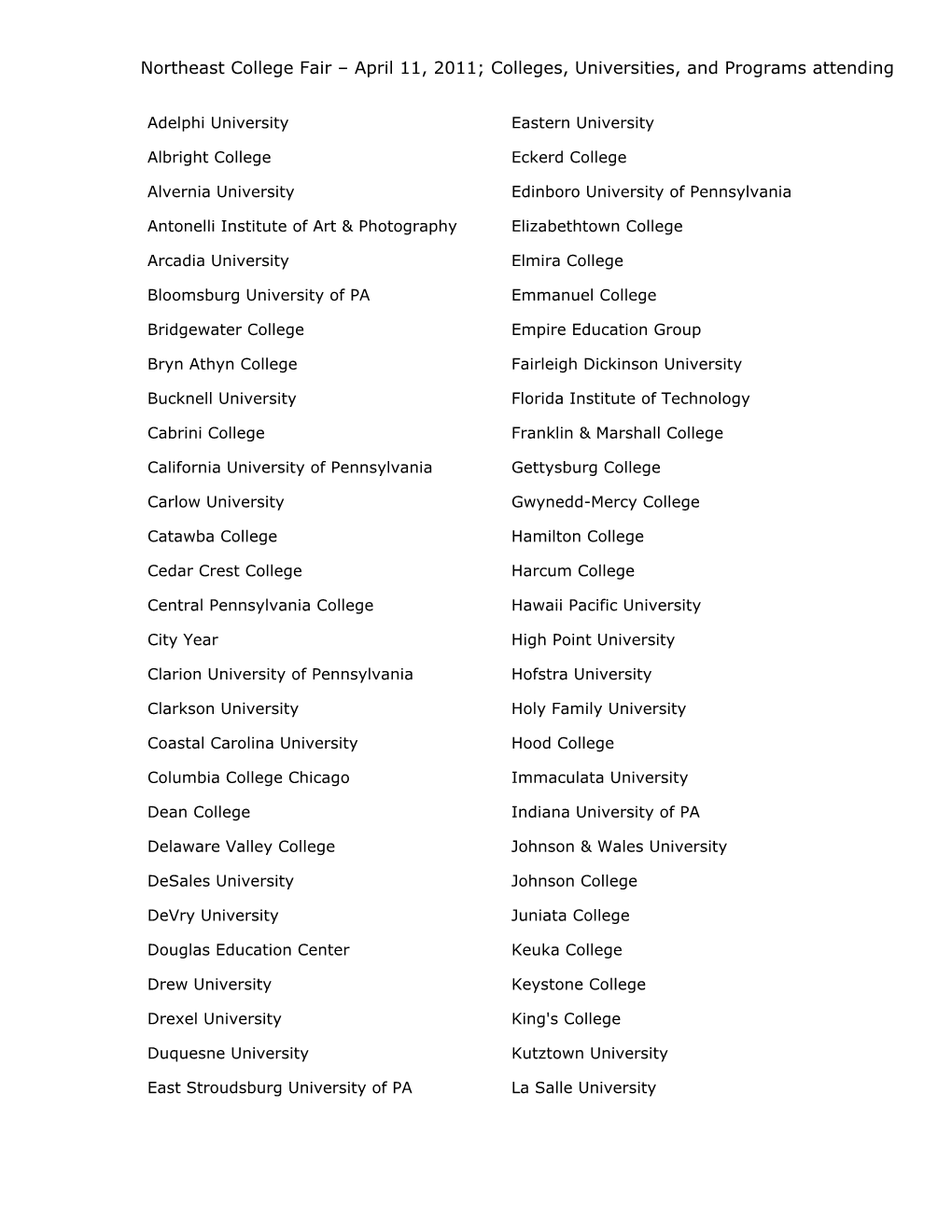 Northeast College Fair – April 11, 2011; Colleges, Universities, and Programs Attending