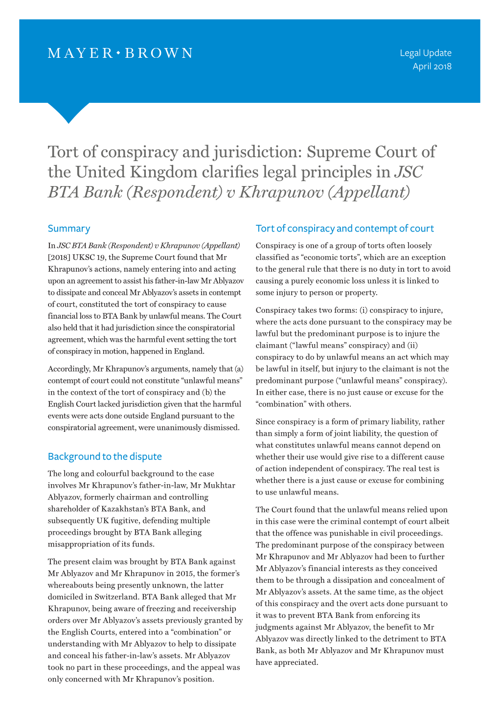 Tort of Conspiracy and Jurisdiction: Supreme Court of the United Kingdom Clarifies Legal Principles in JSC BTA Bank (Respondent) V Khrapunov (Appellant)