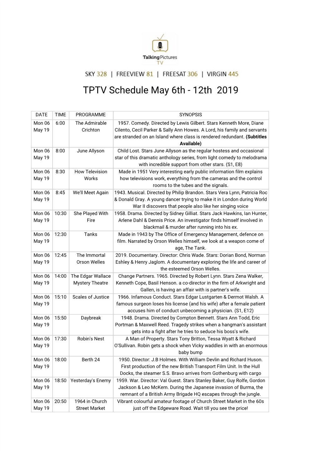 TPTV Schedule May 6Th - 12Th 2019