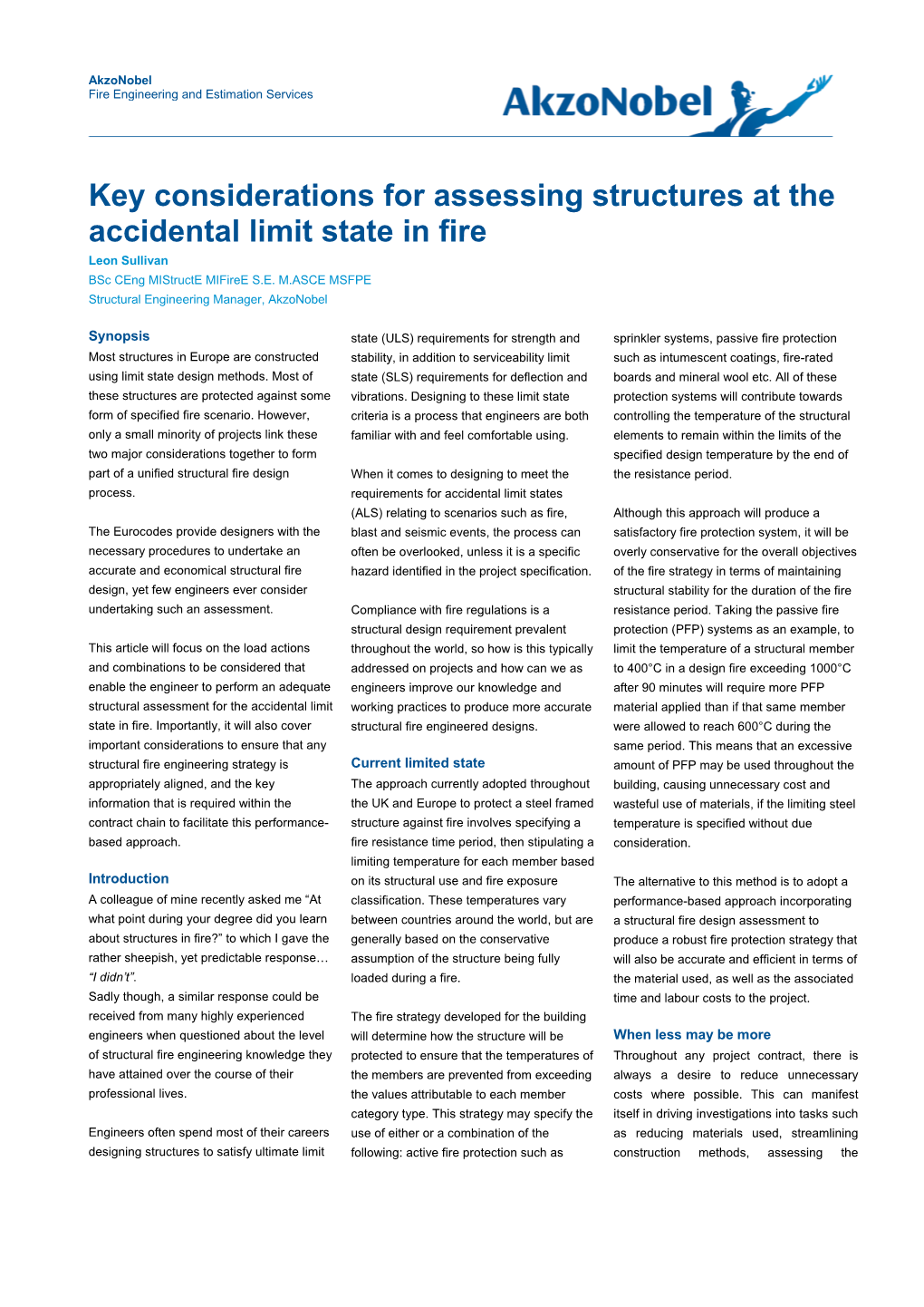 Key Considerations for Assessing Structures at the Accidental Limit State in Fire Leon Sullivan Bsc Ceng Mistructe Mifiree S.E