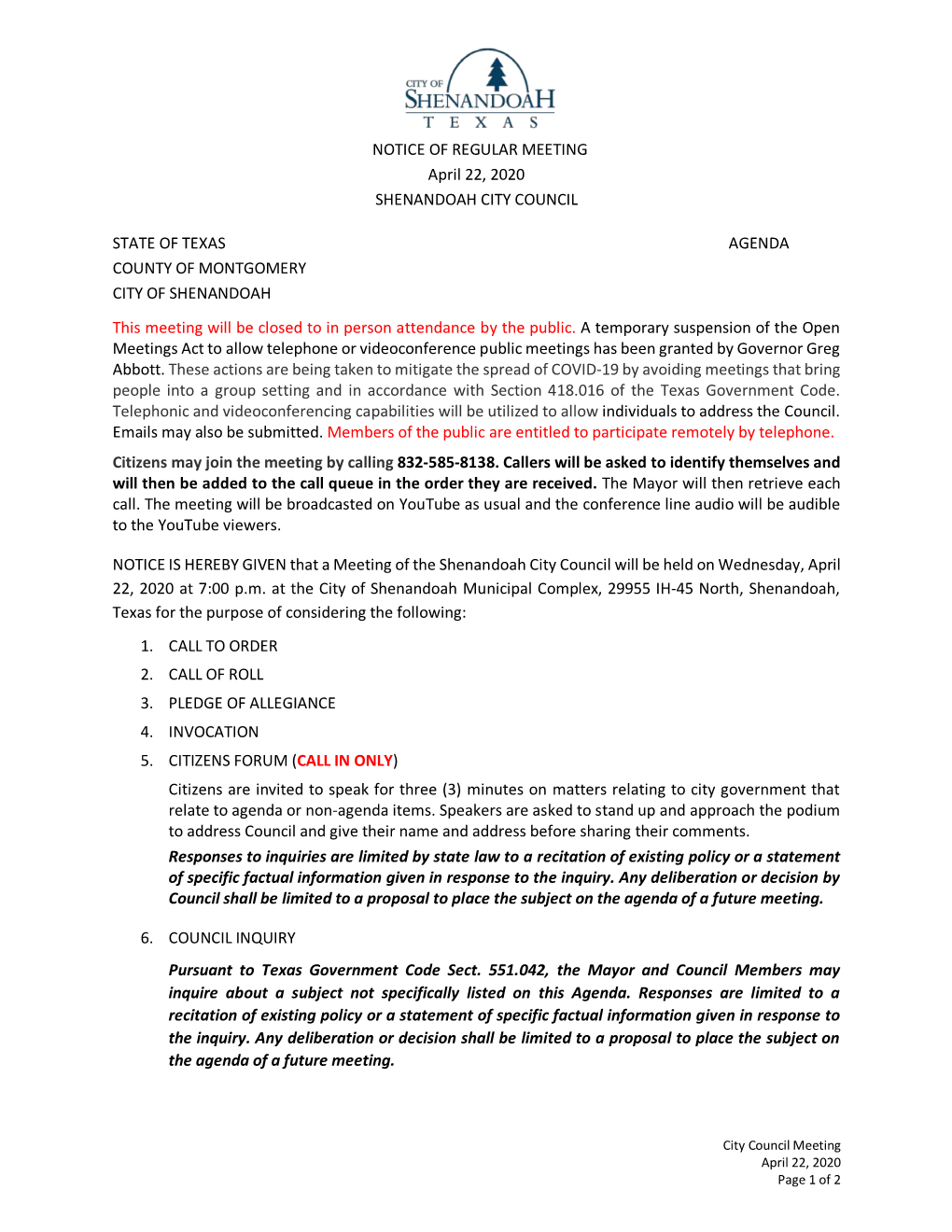 NOTICE of REGULAR MEETING April 22, 2020 SHENANDOAH CITY COUNCIL