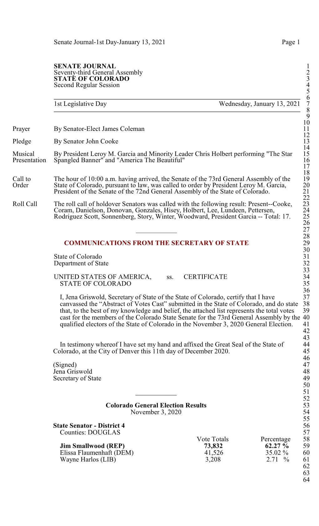 Senate Journal-1St Day-January 13, 2021 Page 1 SENATE JOURNAL 1