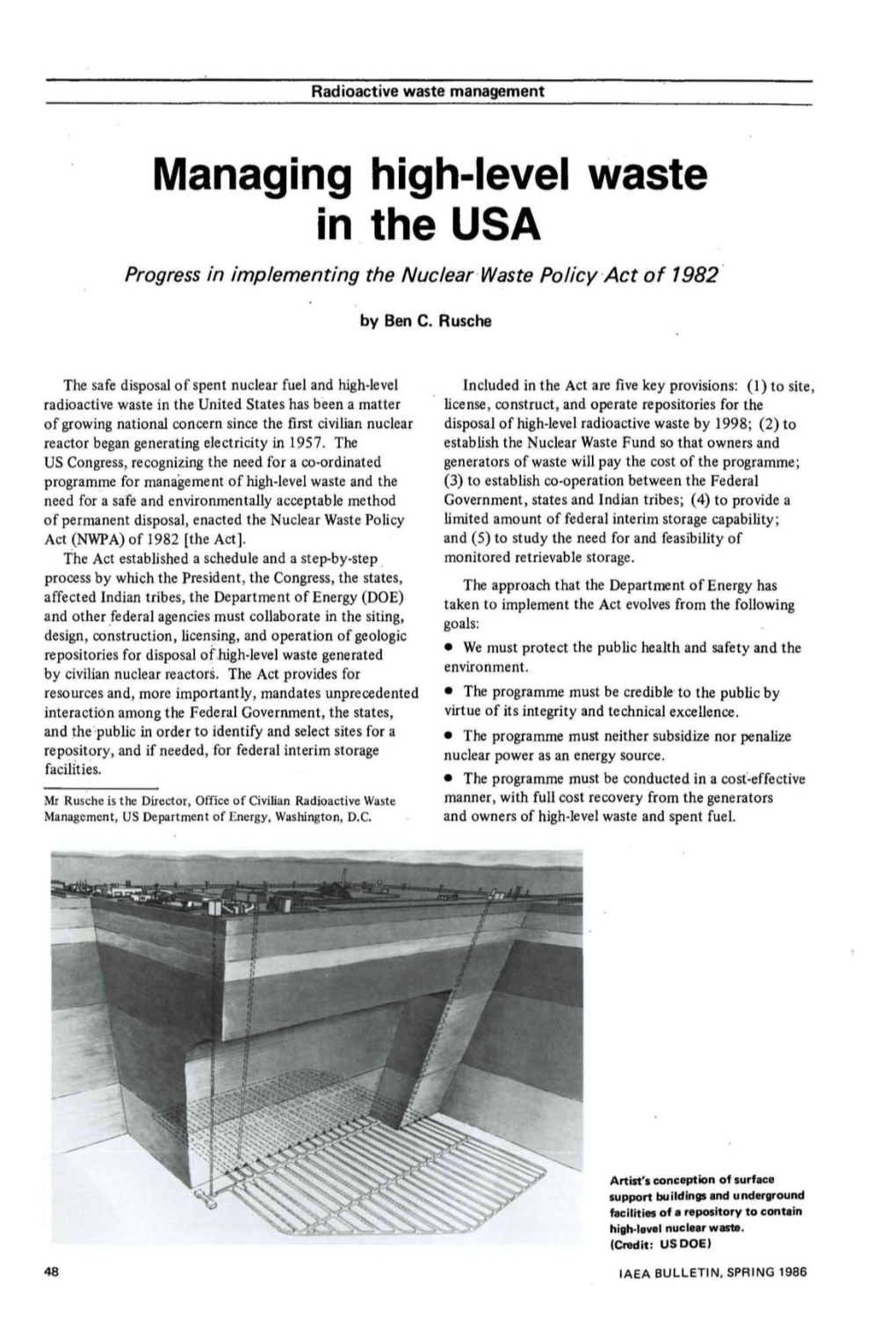 Managing High-Level Waste in the USA Progress in Implementing the Nuclear Waste Policy Act of 1982