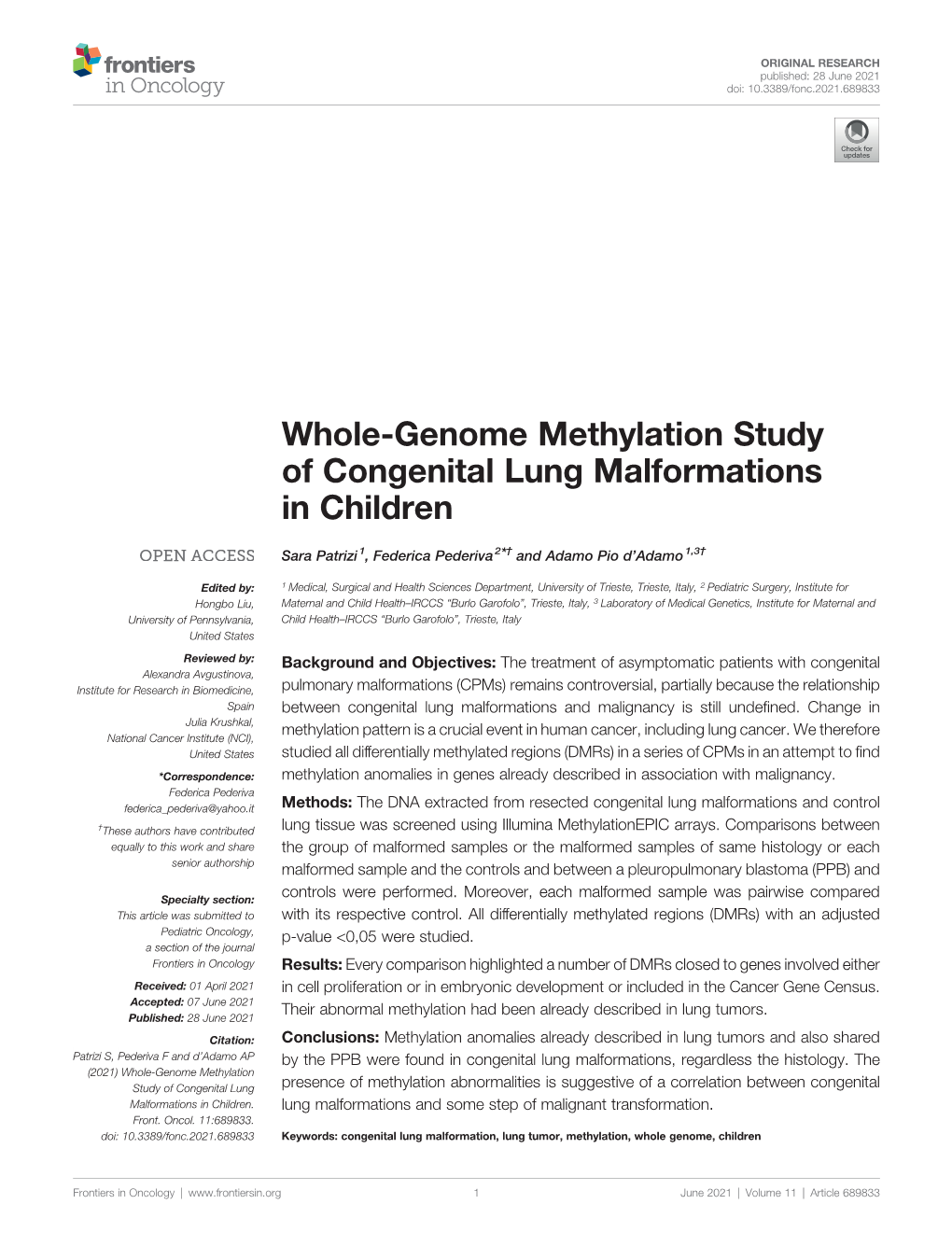 Whole-Genome Methylation Study of Congenital Lung Malformations in Children