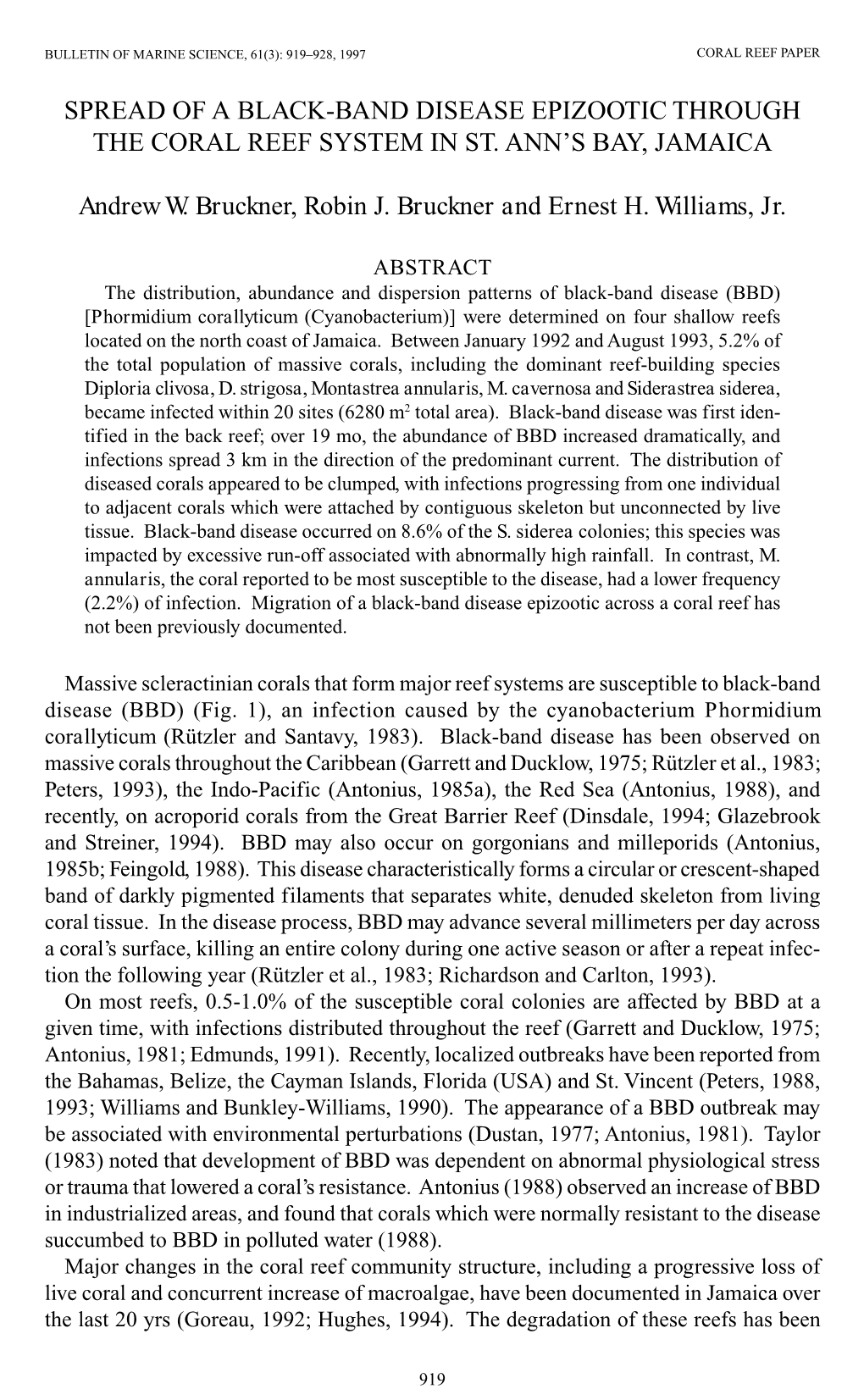 Spread of a Black-Band Disease Epizootic Through the Coral Reef System in St