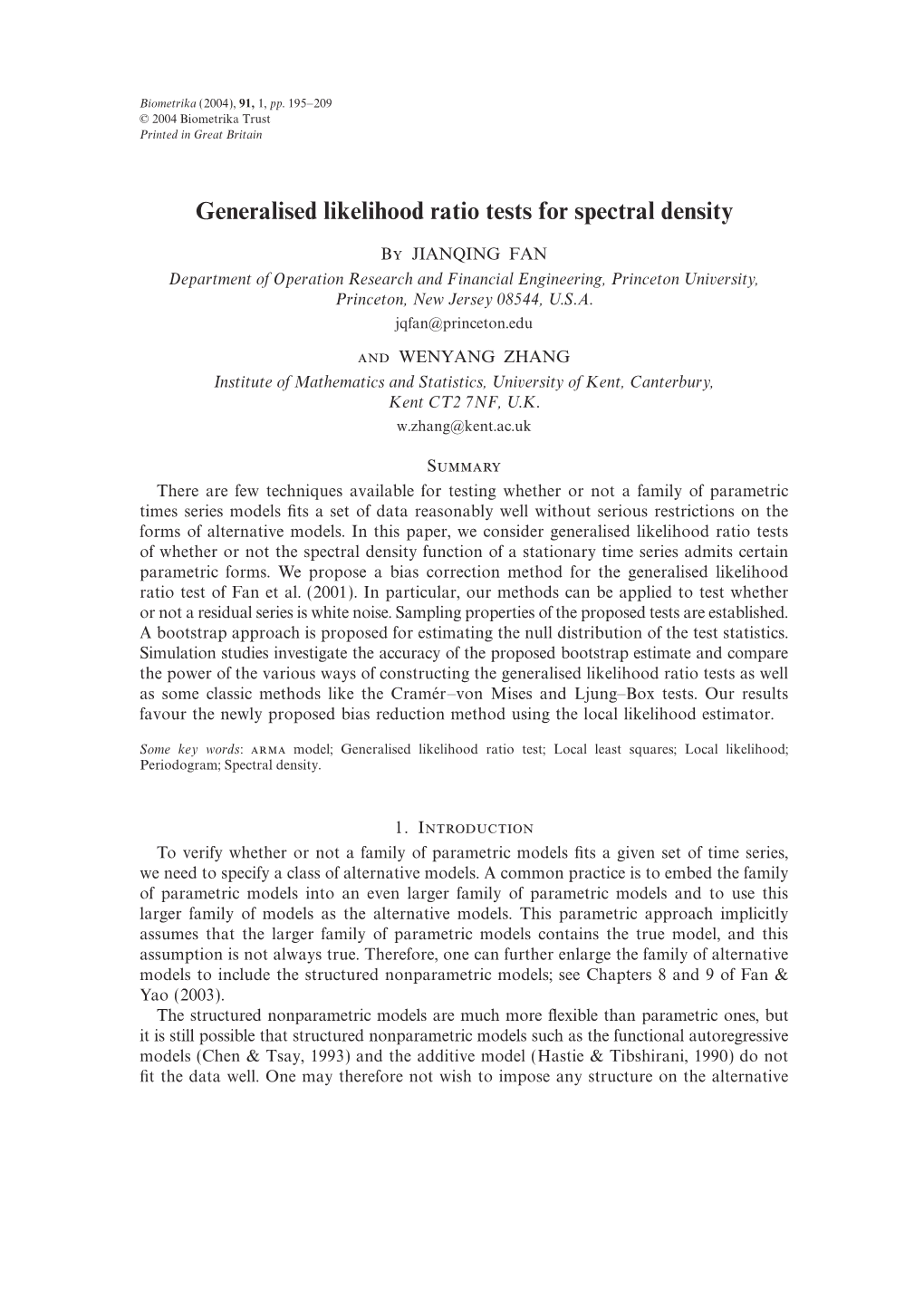 Generalised Likelihood Ratio Tests for Spectral Density