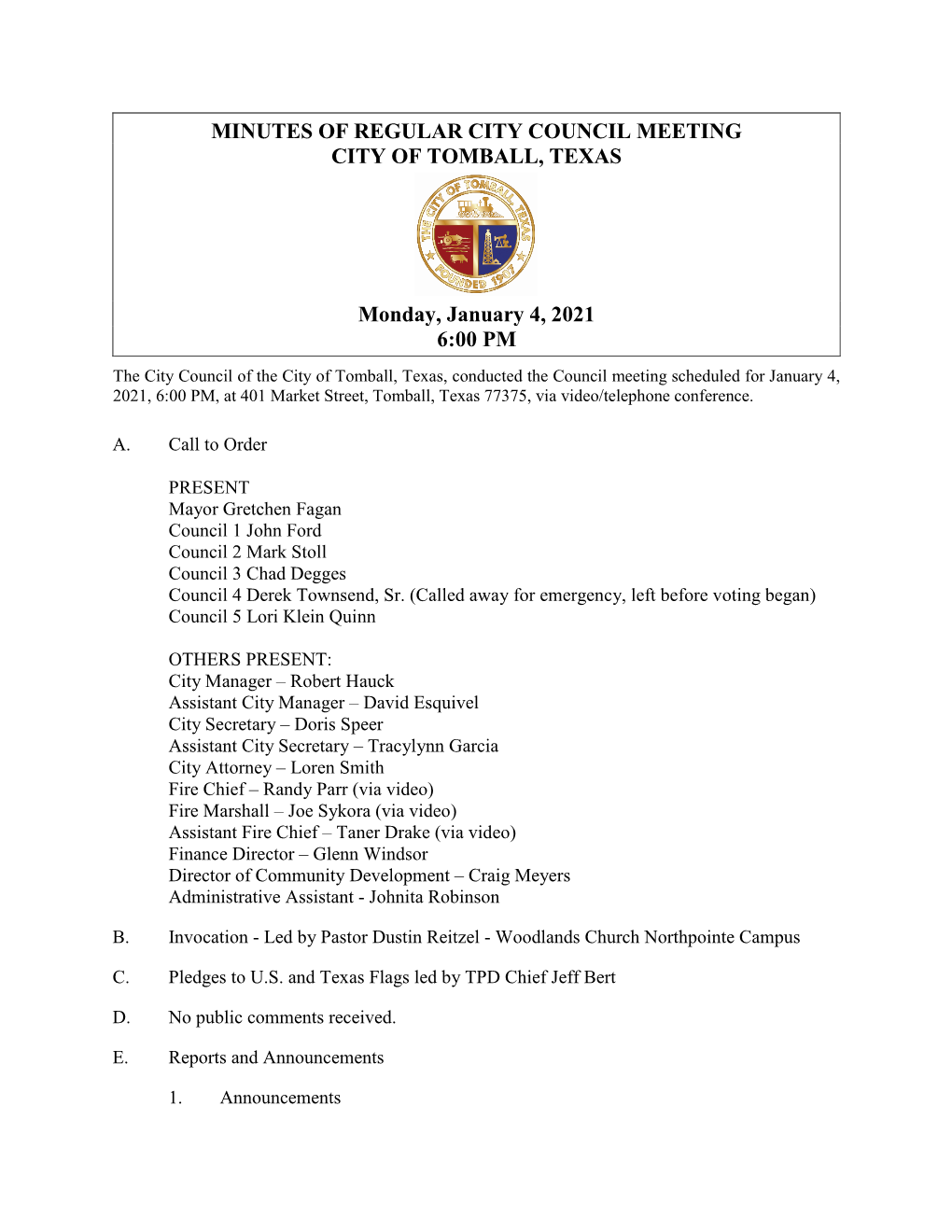 Tomball City Council Regular Meeting Document