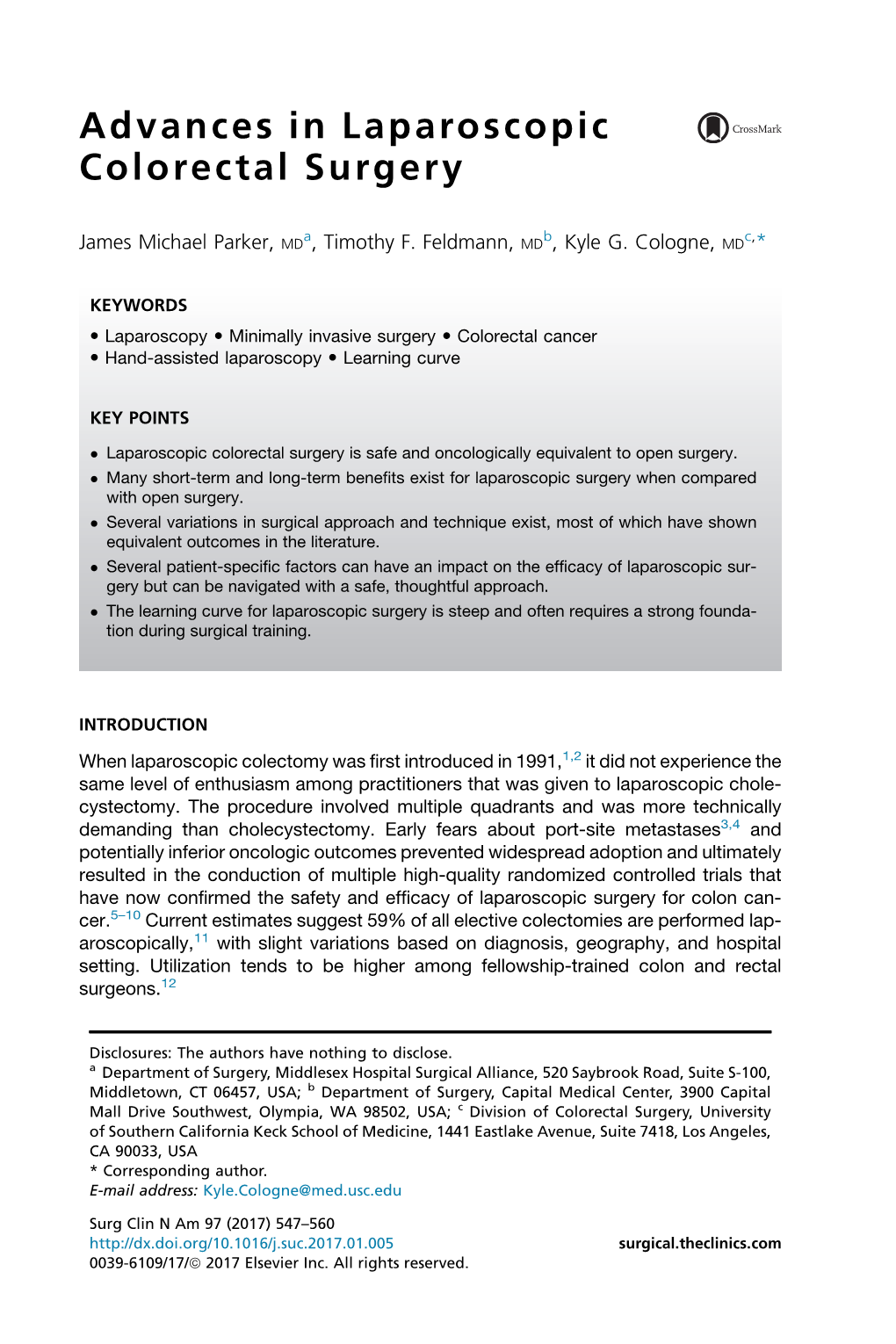 Advances in Laparoscopic Colorectal Surgery